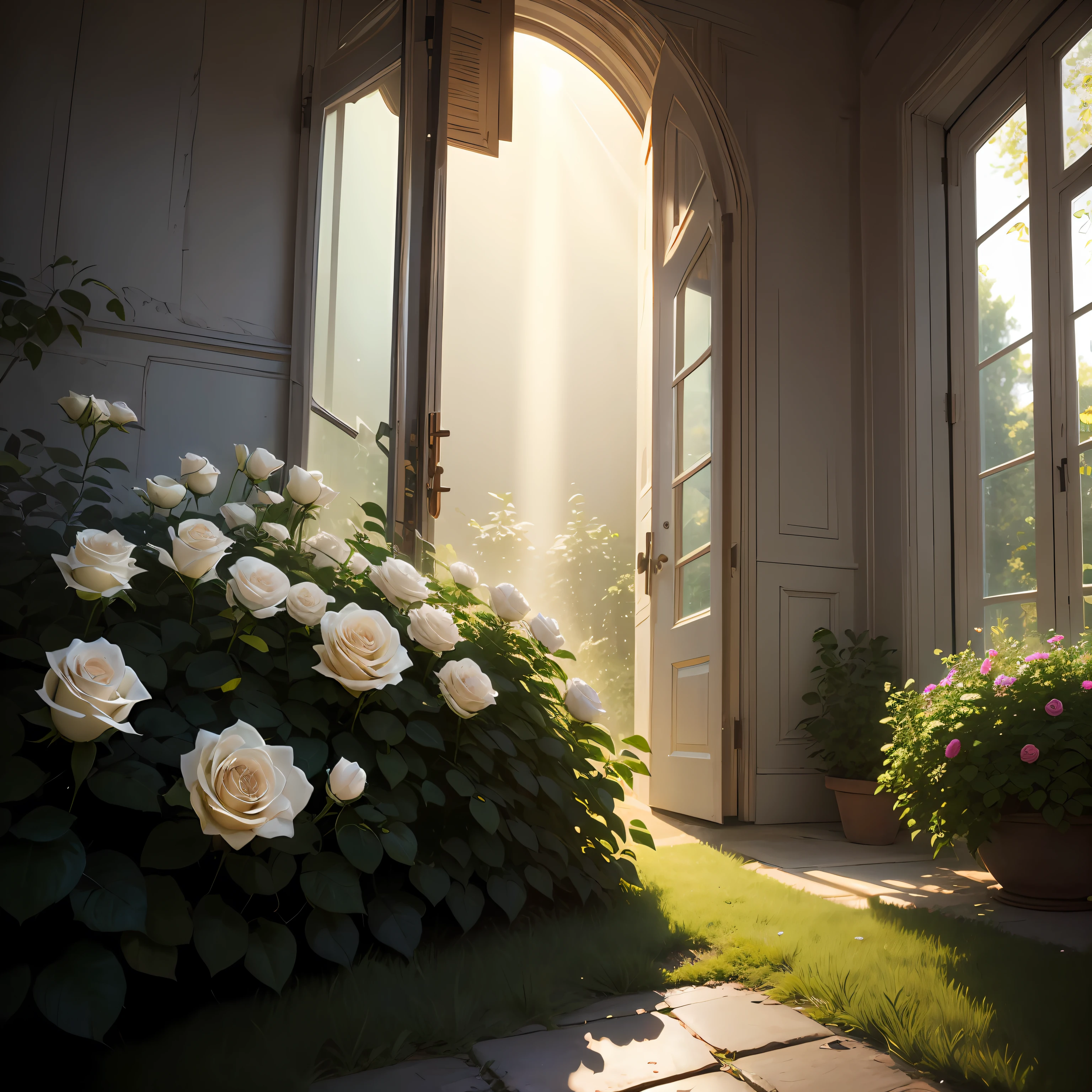 big white roses with pretty green leaves illuminated by sunrays in ultra realistic environment 8k --auto