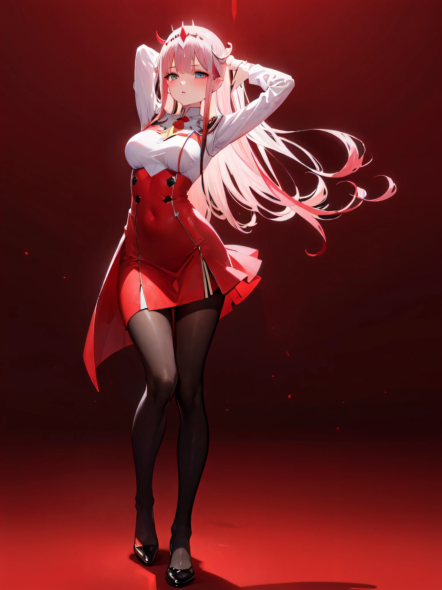 masterpiece, full body, 1 girl \(zero two\), she is dancing whit stretching his arms behind the head, standing doing hip movement to the side, wear thigt skirt dress red color, black pantyhose, no shoes, light room background