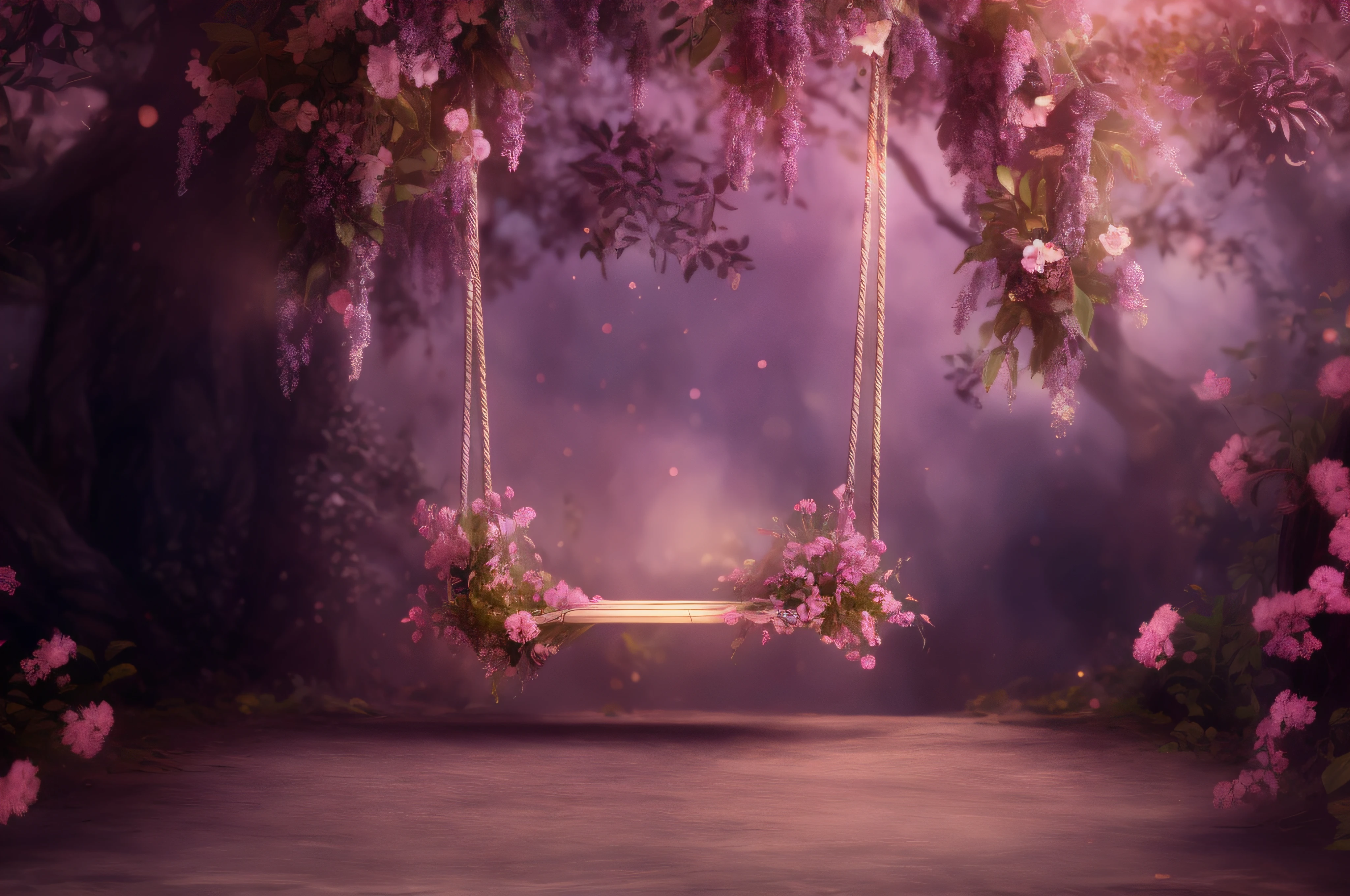 there is a swing with flowers hanging from it in a dark room, magical fairy background, magical forest backround, enchanted magical fantasy forest, magical background, very magical and dreamy, photograph of enchanted garden, beatiful backgrounds, fairy tale style background, beautiful render of a fairytale, dreamy scene, magical forest background, fantasy forrest background, fantasy background, swing on a tree