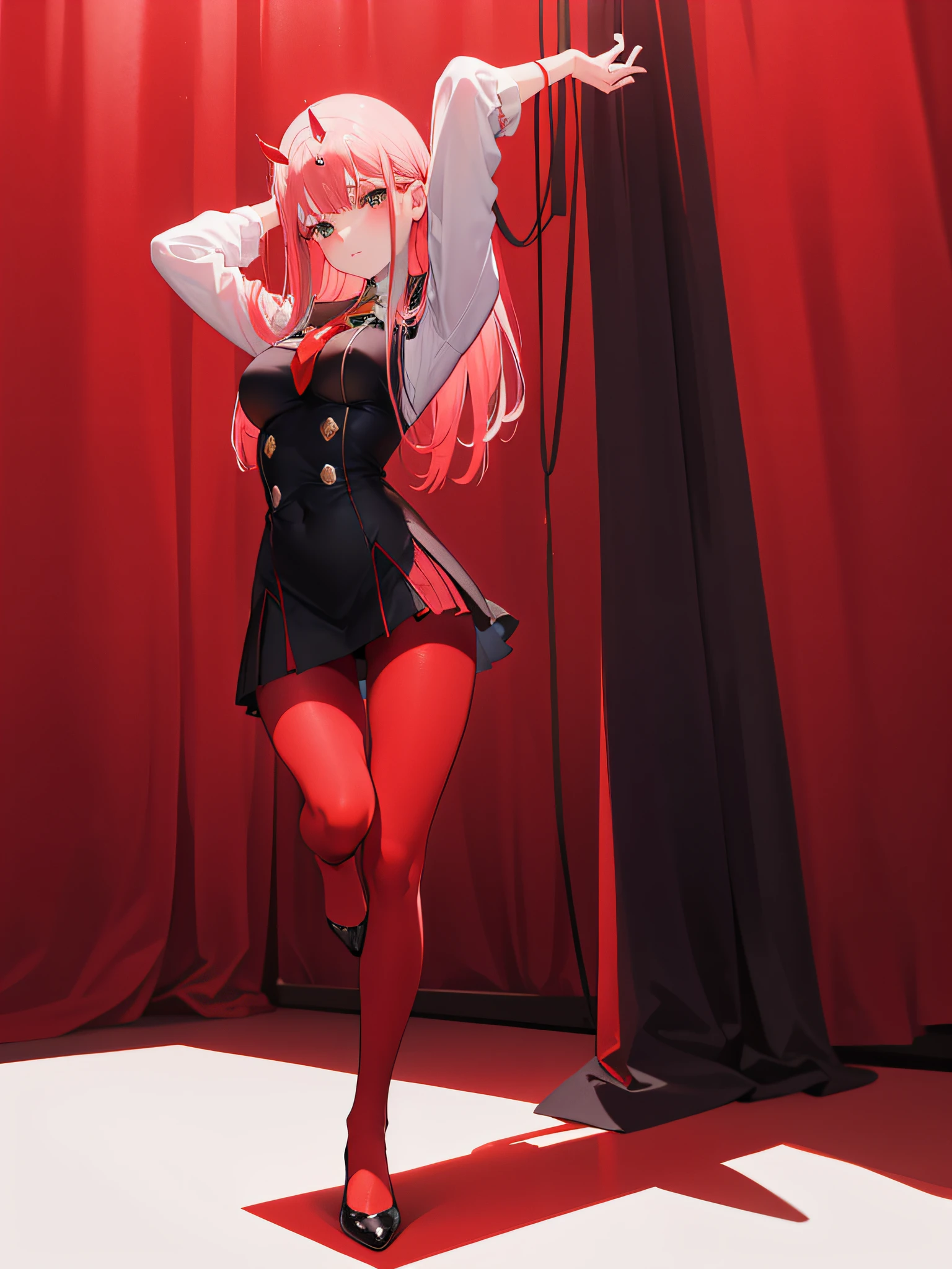 masterpiece, full body, 1 girl \(zero two\), she is dancing whit stretching his arms behind the head,
standing doing hip movement to the side, wear thigt skirt dress red color, black pantyhose, no shoes, light room background