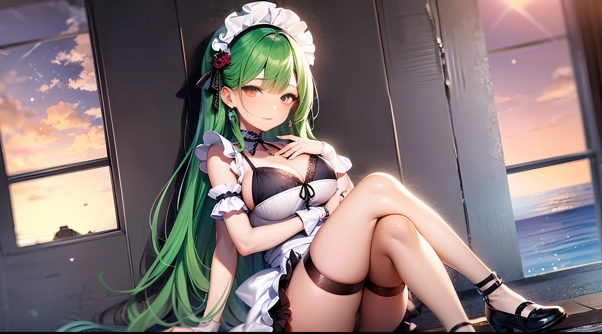solo, adorable girl, (Green hair), Long hair, hair bangs, (eyeshadow), (housemaid), butterflies, (Medium breasts), (black silk stocking), leg garter, Loafers, (maid headdress), Earrings, ribbon choker, nose blush , Sitting, hand on own chest, crossed legs, Bare thigh, ((seaside)), sandbeach, (Sunset), (in spring), Game CG, Light, high res, wall paper