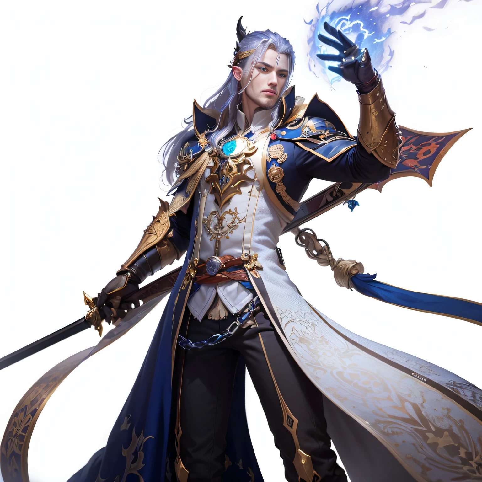 Arafad image of a man holding a sword in a wizard costume, t-pose of male magic wizard, picture of a male cleric, heise jinyao, t-pose of wizard, 《genshinimpact》in the clear, dragons, young shadow mage male, skinny male fantasy alchemist, zhongli from genshin impact, male wizard, casimir art,Exquisite clothing,Glowing costumes,Handsome man,Glowing hair