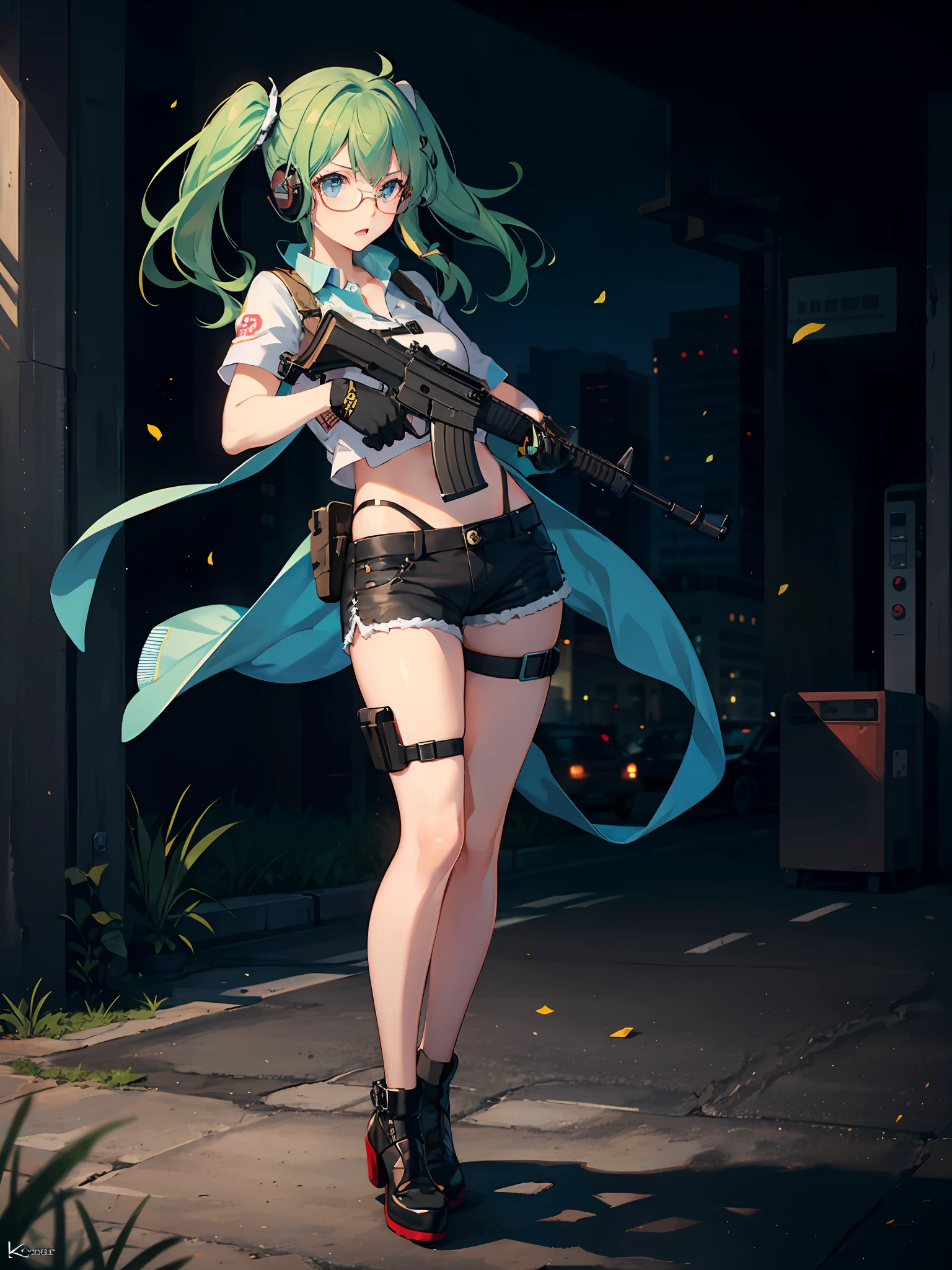 ((best quality)), ((masterpiece)), ((high res)), 1girl, assault rifle, blue eyes, full body, gloves, green hair, gun, handgun, headset, heckler & koch, using and aiming gun, holding weapon, holster, kochiy sanae, ak-47, pistol, rifle, solo, suppressor, thigh holster, thigh strap, trigger discipline, weapon, glasses, twintails, medium hair, short shorts