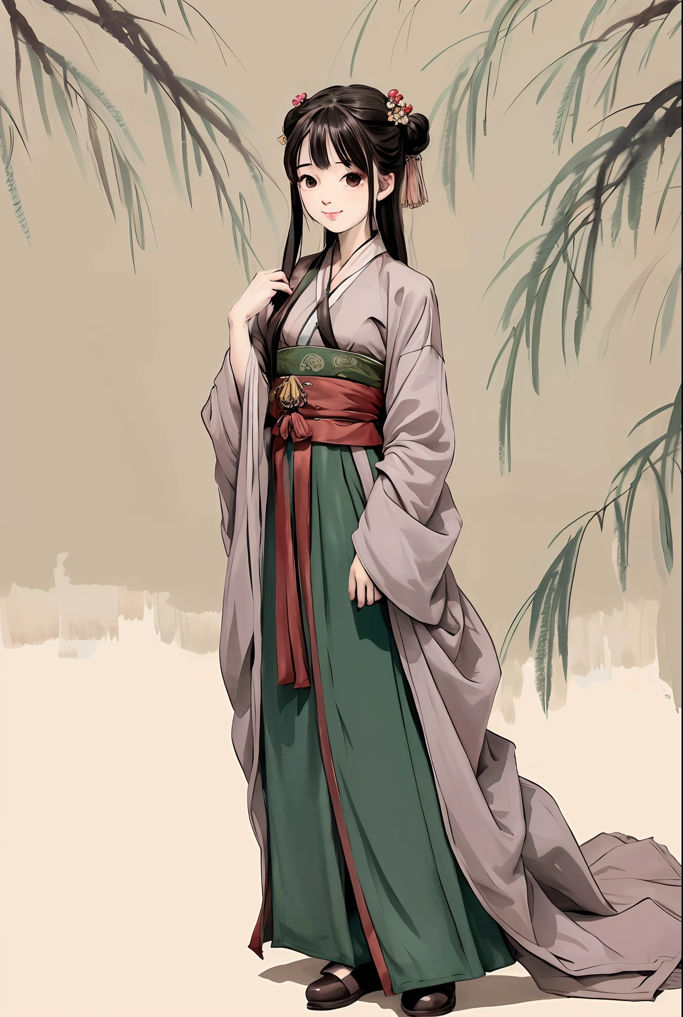 Shuk walked ma, negative space, , shuimobysim, Portrait of a scholar, Willow branches, (A Masterpiece, bestbestquality:1.2), Traditional chinese painting, Model style, placid, (Smileing), looking at viewers, Wearing a long Han costume, Hanfu,song，Willow tree in background，The five permanent said，