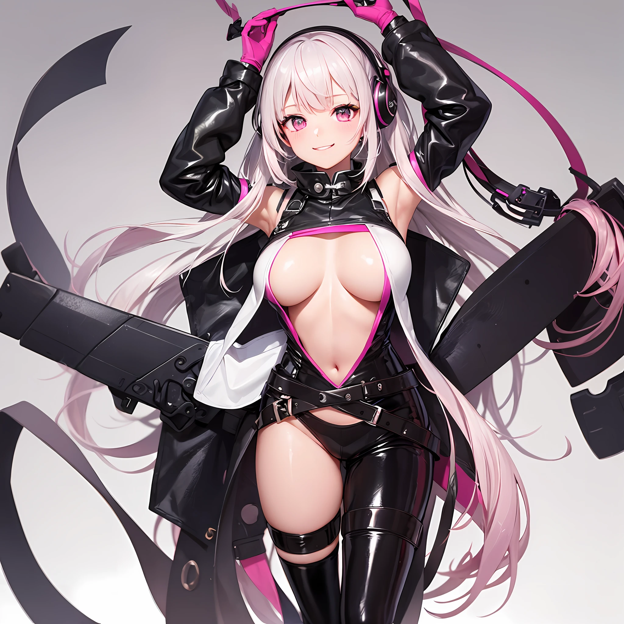 {{{A Masterpiece, best qualit, illustartion,game_cg}}}, 1girl, Latex tights,Pink tights, Engraved tights, {{{Breast out}}}, Pink pubic hair, headphone, twintail, shiny clothes, all over the body, hair bangs, Long pink double tail, Blushlush, gauntlets, Impossible clothes, latex, latex bodysuit, Short jacket, skin tight, Shrug\(Dresses\), medium breast, slim waist, Perfect body, Slim legs, long sleeve, looking at viewers, Pink eyes, Simple background, skin tight, Smileing, solo, posing in, hair long, White gloves, white hair --auto