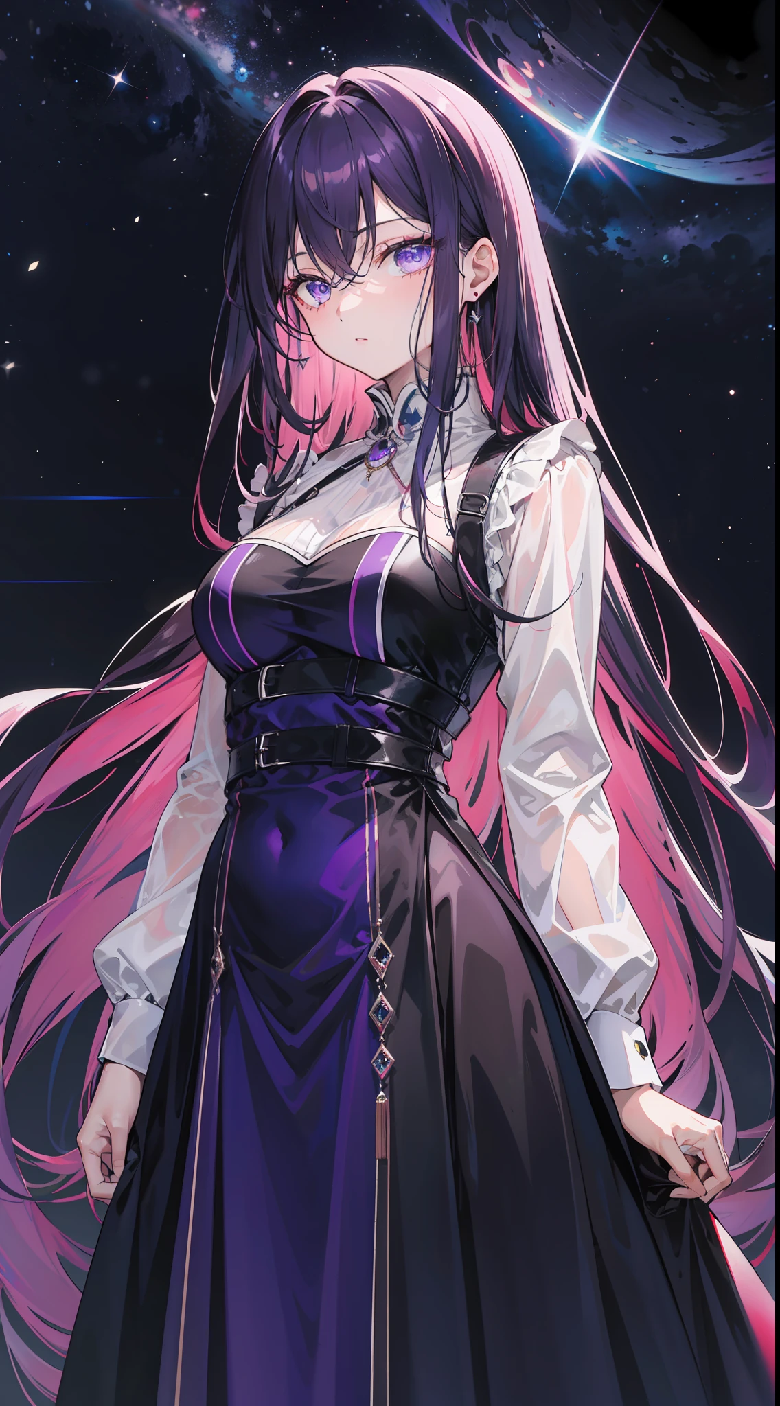 "In the midst of the chaos, at night and before the blackhole, there is a woman with super long flowing dark purple hair, her eyes were covered with cloth"