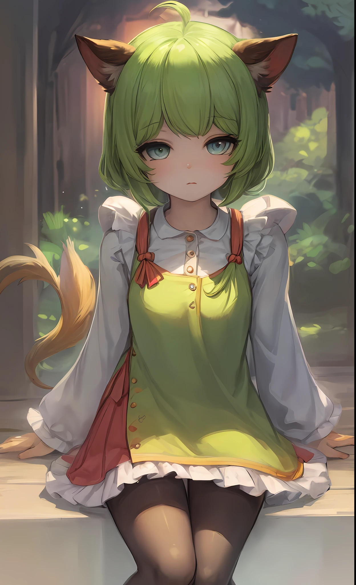 1 girl, solo, peludo, raposa, rosto fofo, luz ambiente, pelo ultra detalhado, volumetric light, pelo laranja, cabelo loiro, olhos verdes, usando mini vestido rosa, cauda fofa ao fundo