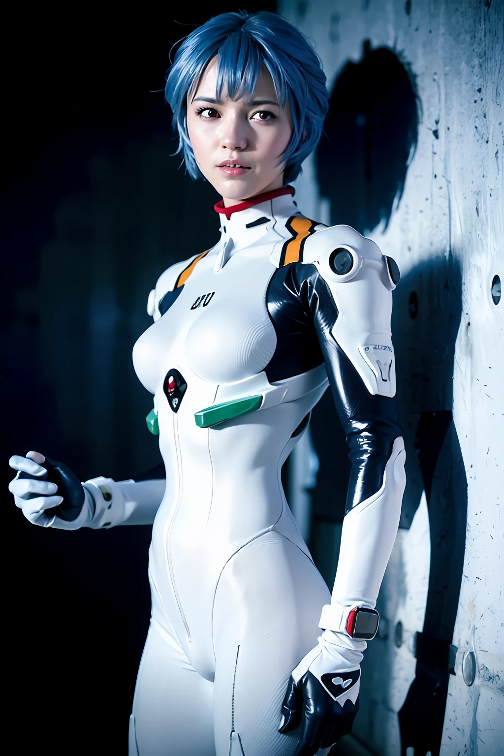 (8k, best quality, masterpiece:1.2), (realistic, photo-realistic:1.37), ultra-detailed, 1girl, ayanamirei, eva00plugsuit, looking at viewer, light smile, city,  blue short hair, red eyes, looking viewer, (blue hair), heavy hair, white gloves,