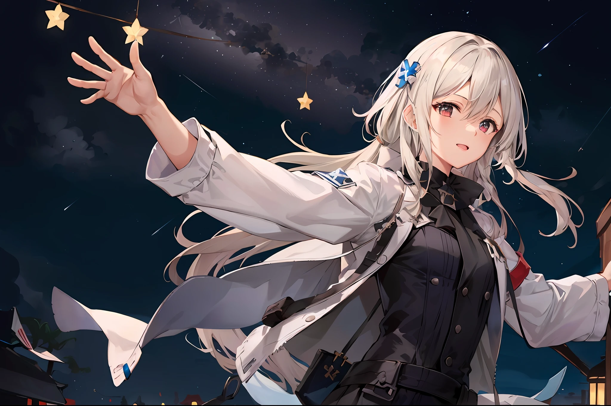 anime girl with white hair and blue eyes holding a star, best anime 4k konachan wallpaper, from girls frontline, girls frontline universe, girls frontline style, Fine details. girls frontline, girl with white hair, girls frontline cg, perfect white haired girl, come from《azur lane》video game, girls frontline, Ayaka Genshin impact, white haired deity