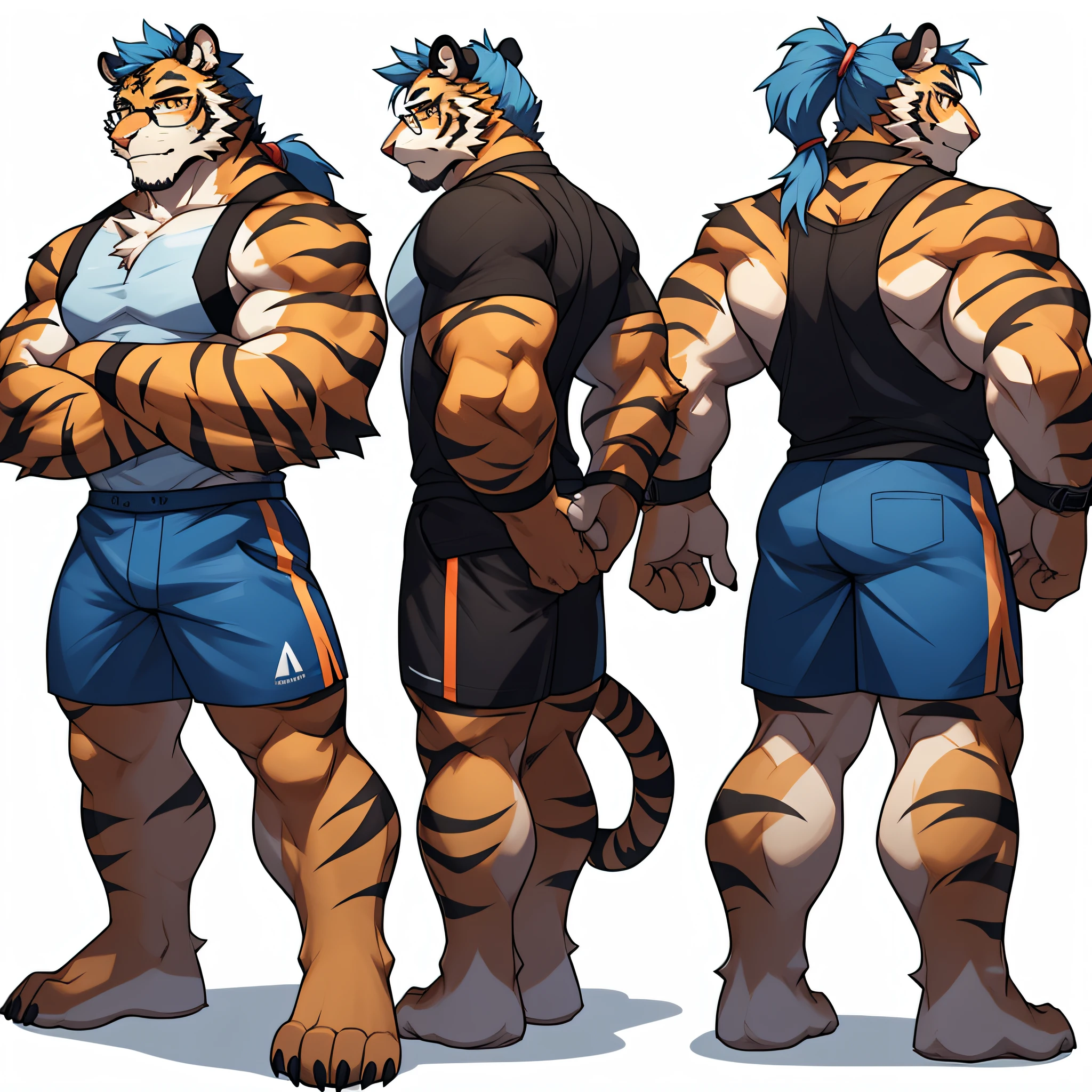 Full body and head view，tiger_beast，Detailed full body concept Orange fur Perfect golden eyes Gray-blue hair Gray-blue beard Tiger furry Black eye-rim glasses One-sided ponytail Handsome face，Handsome eyes ，Hairy pectorals，Strong arms，Gorgeous facial features，Beautiful Finely Detailed Eyes，Complex fur，Detailed face，Perfect skin texture，Extreme detail，Single background，White background：1.8），transparent background，multiple views，Multiple views of the same character in the same outfit fitness shorts bare upper body