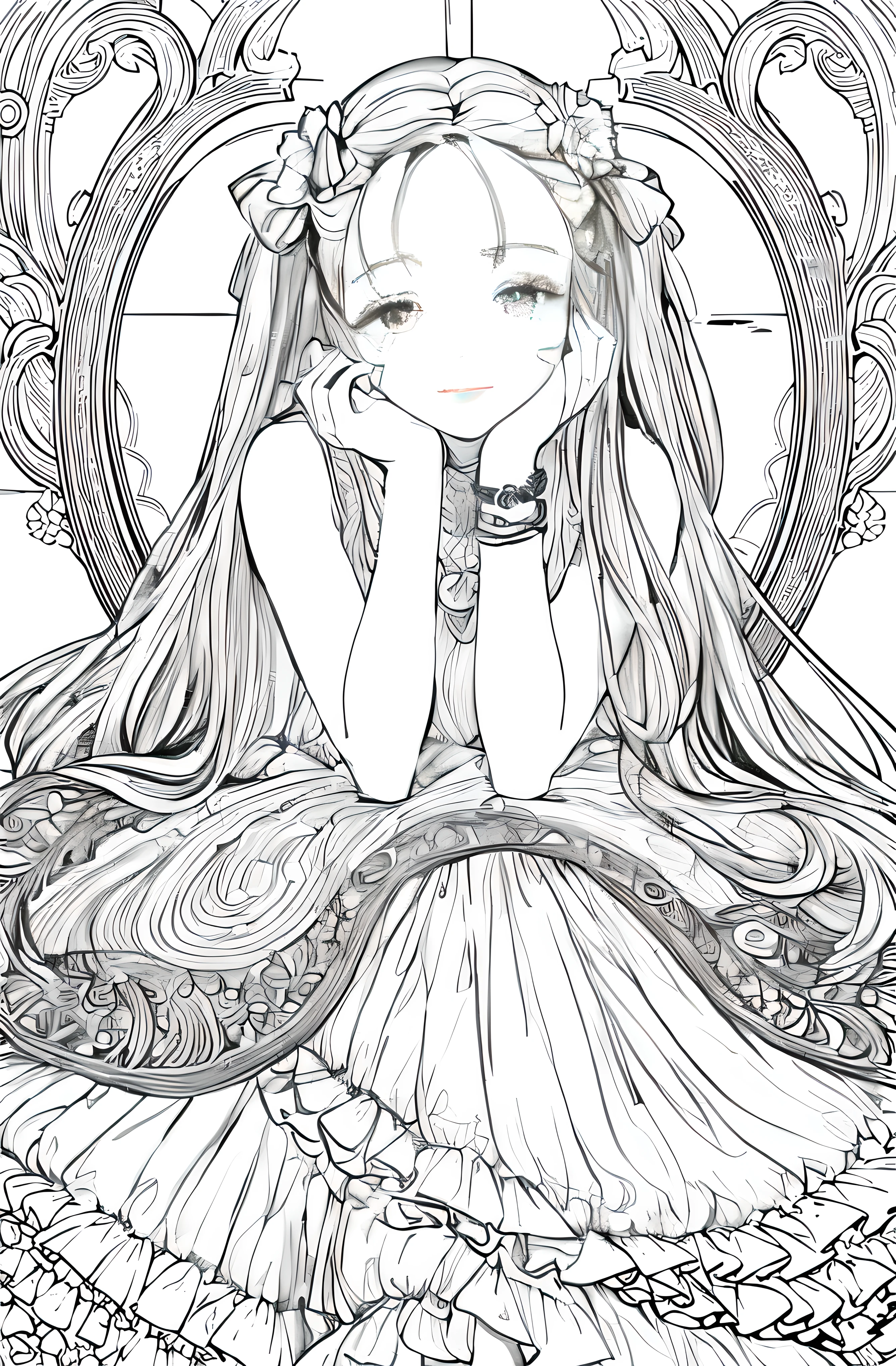 Una chica con un vestido con cabello largo y una corona de flores, Hermoso arte lineal, Lineart de tinta extremadamente fina, Lineart perfecto, Lineart limpio, exquisite line art, Arte lineal, Arte lineal detallado, intrincado Arte lineal, Dibujo de arte lineal para colorear, LineArt Behance HD, Estilo manga detallado, Lineart de bola, Lineart simple, Chica anime con pelo largo --auto