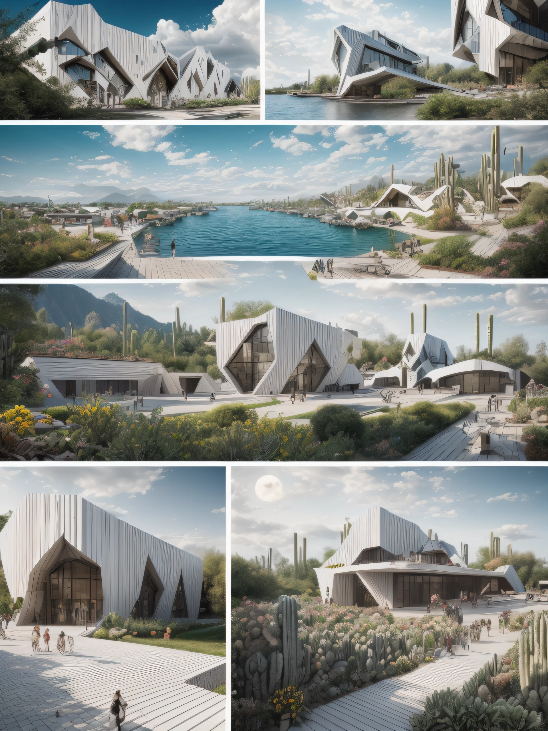 An illustration, ((collage style)), (((multiple Bjarke Ingels's style buildings))), (((Marie-Laure Cruschi's art style))), (sections), ((Desaturated colors)), Cbig boulders), ((lake)), cacti, (smooth clouds), a bridge, stairs, the moon, big buildings, abundant vegetation, bushes, (((geometric sculptures))) hard shadows,
