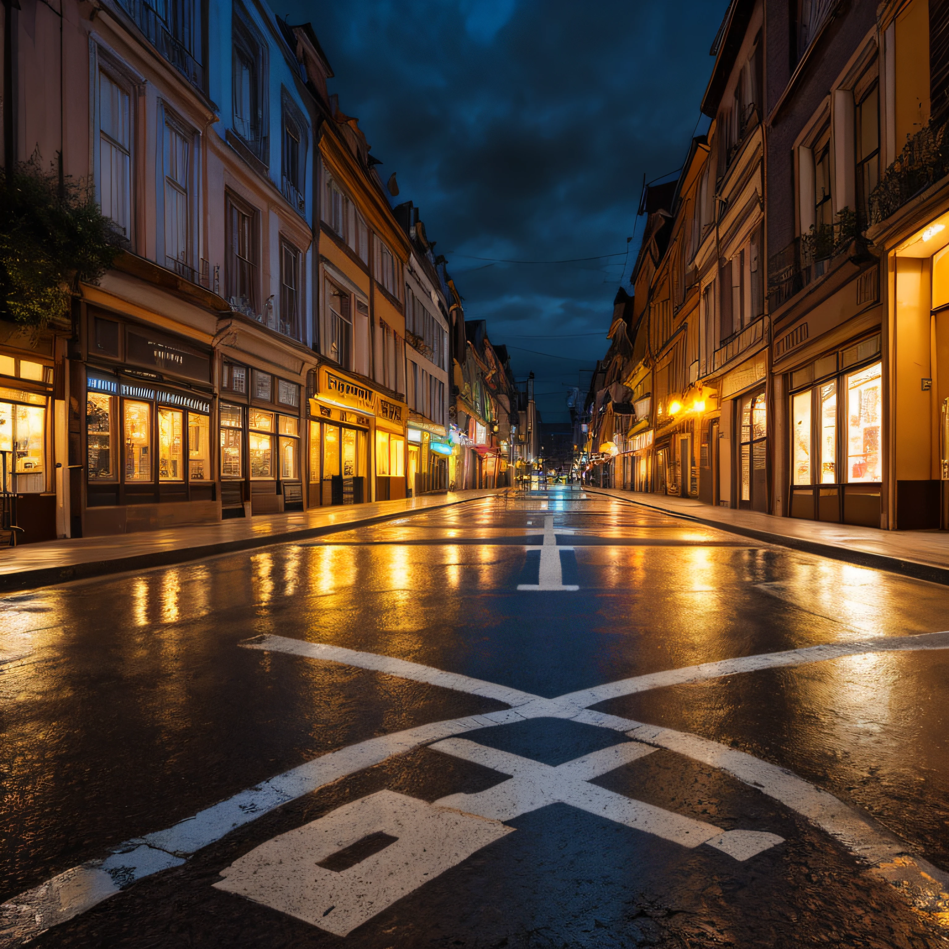 Fundo deslumbrante para fotografia de arquitetura, a street at night with old pavement on a rainy day with a square in the background, Destaques, Alto contraste, fotografia profissional, cinematic lighting, raios solares, nevoeiro, Ultra Detalhado, Ultra realista, esquema de cores complementar, Textura ultrarrealista, fied profundidade, Nikon Z8