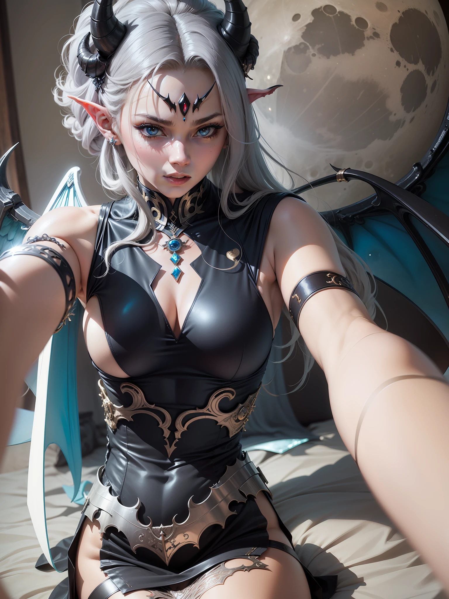 Demon queen with horns and cyborg wings, beautiful high-resolution dress, high-definition face, moon in the background