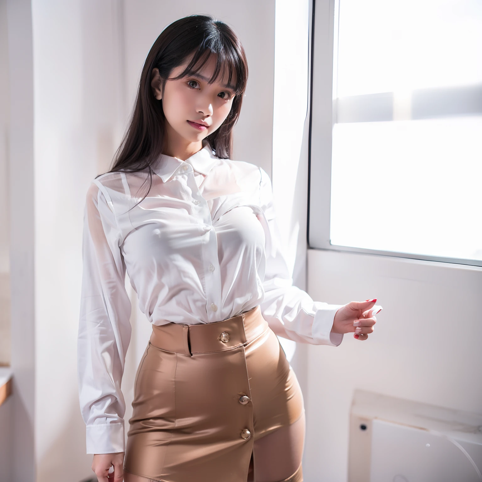 araffed asian woman in a skirt and white shirt posing for a picture, wearing a blouse, wearing white shirt, fine white shirt, wearing in shirt, clothed in white shirt, wearing a white button up shirt, wearing a white shirt, open shirt, wearing a white blouse, white blouse, wearing a light shirt, wearing tight simple clothes, white shirt