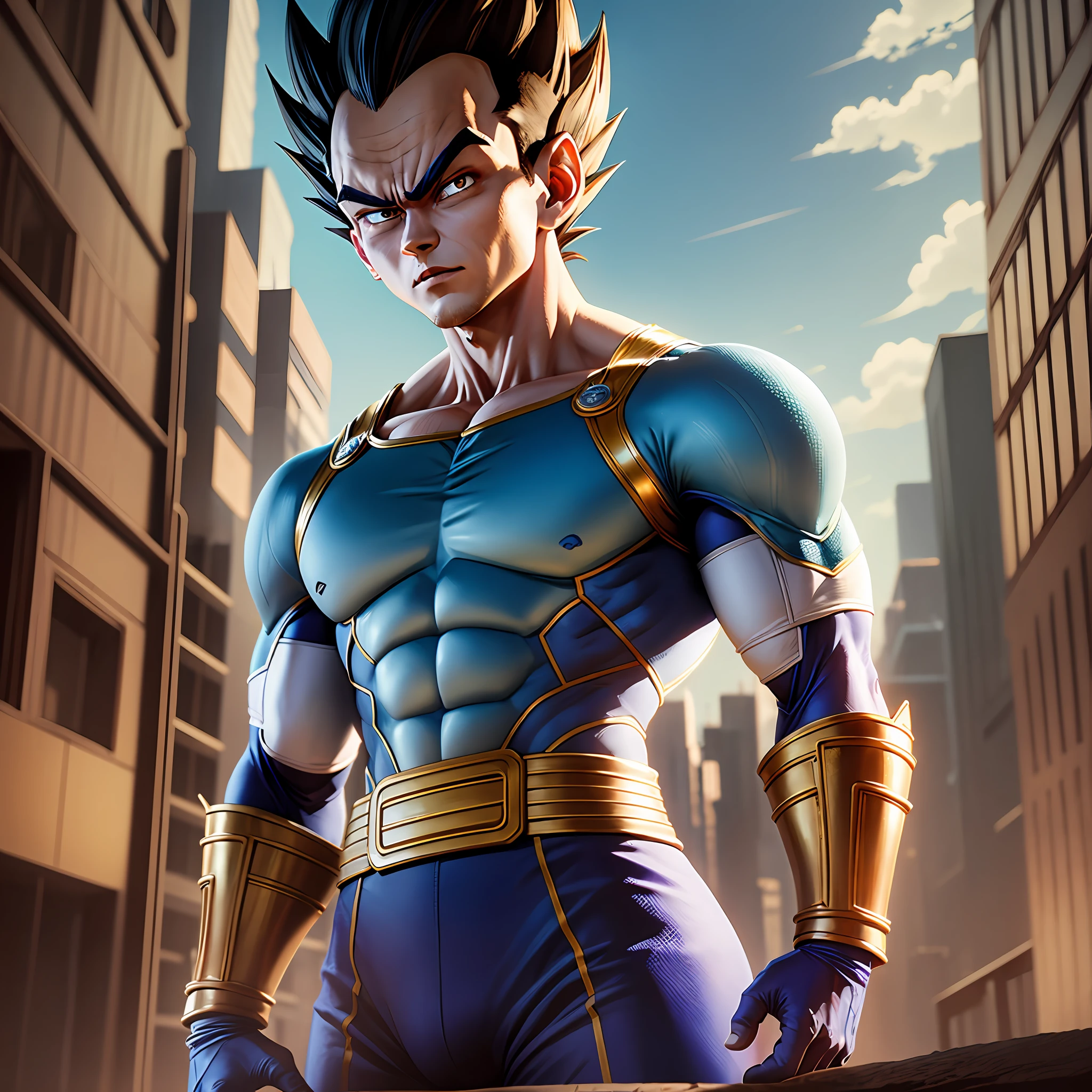 Vegeta, super sayagin 5, 20 years old with fair skin is a real masterpiece of male beauty, Anatomically perfect from the modern man standing tall in an abandoned haunted city. Moonlight accentuates your muscles and scars. Lush and mysterious landscapes, with the dark city. Neighborhoods. The camera details everything. When looking into beautiful eyes, have sexy eyes that will attract the opposite person Those eyes are directed at the beholder, You can clearly see every little detail and every perfect line, every beautiful leather detail with 8K quality, Everyone is captivated by the confidence that radiates from every glance. His head has white hair and his face is painted in great detail using 8K quality images. As a character in the Dragon Ball series. Gliulian art style, The official artwork is very detailed, jin shan, Official art --auto