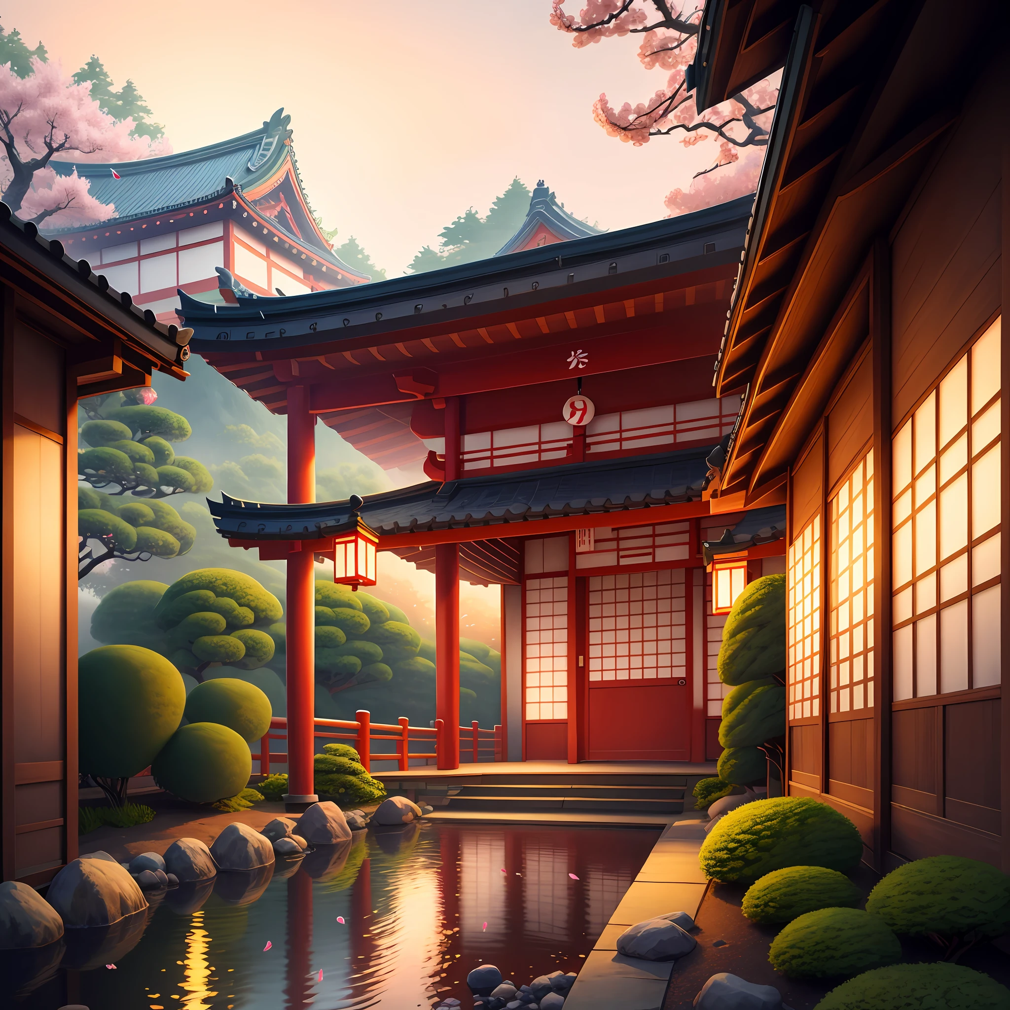 (digital painting),(best quality), serene Japanese garden, cherry blossoms in full bloom, koi pond, footbridge, pagoda, Ukiyo-e art style, Hokusai inspiration, Deviant Art popular, 8k ultra-realistic, pastel color scheme, soft lighting, golden hour, tranquil atmosphere, landscape orientation