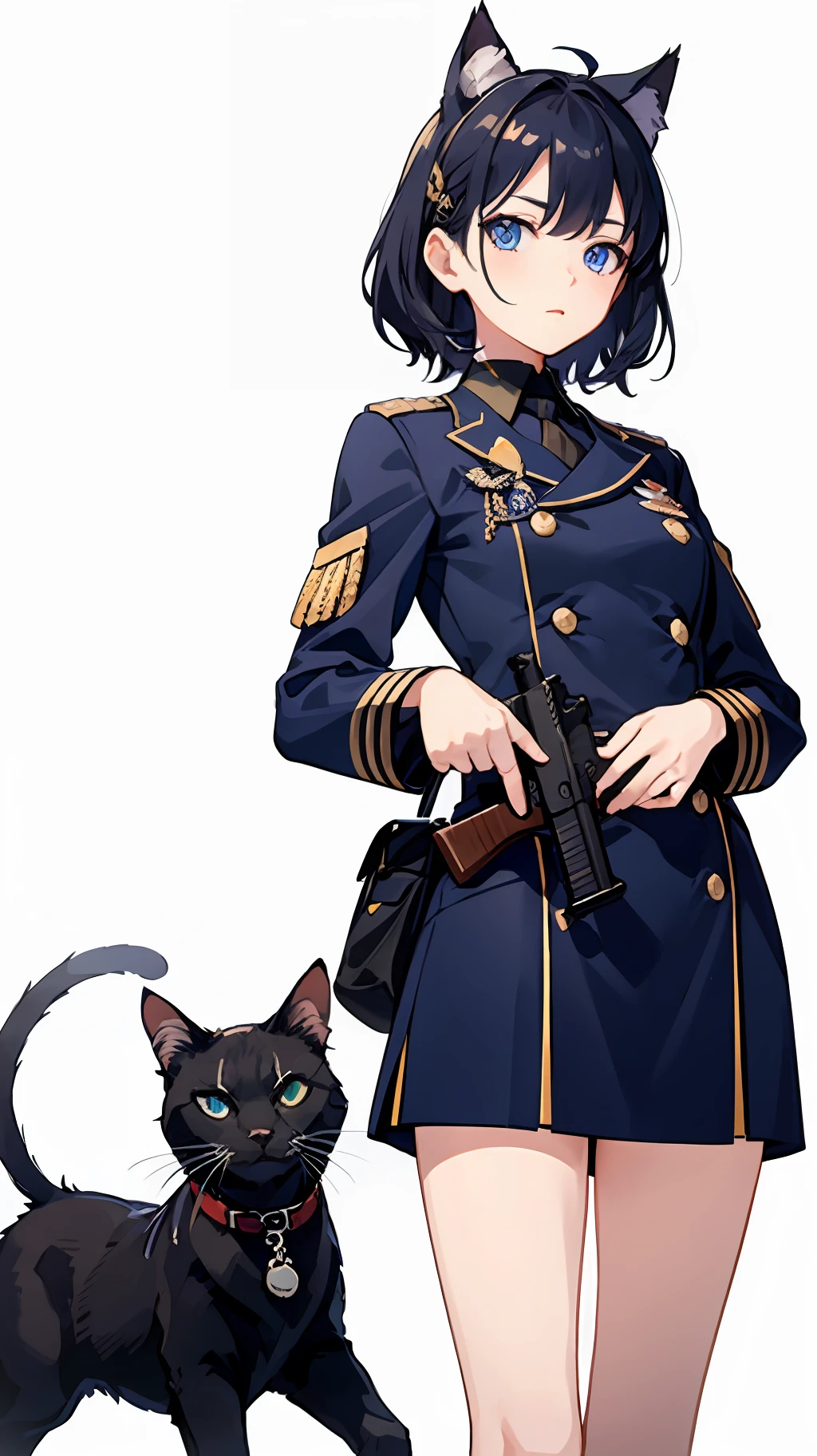 2girl simple background、And {{Master peace}}, short wavy hair, navy hair, black cat ear, Blue eyes,uniform、With a gun、discord、And {{Master peace}}, {{{maximum quality}}}, {{ultra- detailed}}, {{illustration}}, short hair,Purple eyes,Black hair,uniform、With a gun、discord、battle field、Background Battlefield、
