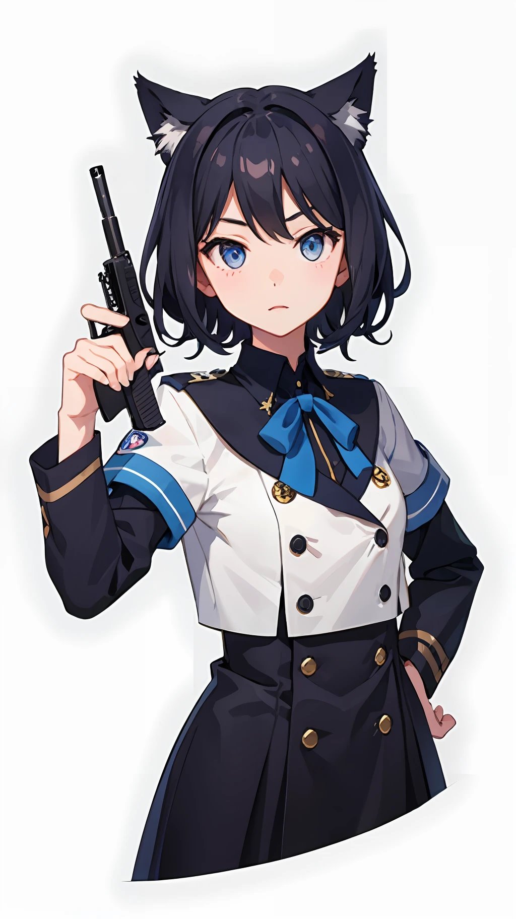 2girl simple background、And {{Master peace}}, short wavy hair, navy hair, black cat ear, Blue eyes,uniform、With a gun、discord、And {{Master peace}}, {{{maximum quality}}}, {{ultra- detailed}}, {{illustration}}, short hair,Purple eyes,Black hair,uniform、With a gun、discord、battle field、Background Battlefield、