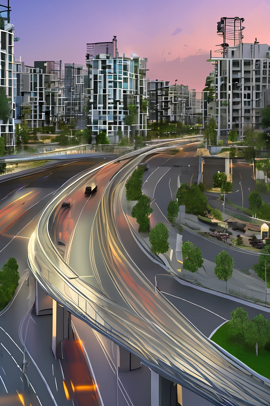 Melhor qualidade, obra-prima, ultra high res, (foto realista: 1.4), Cidade, buildings and metro passing on elevated road