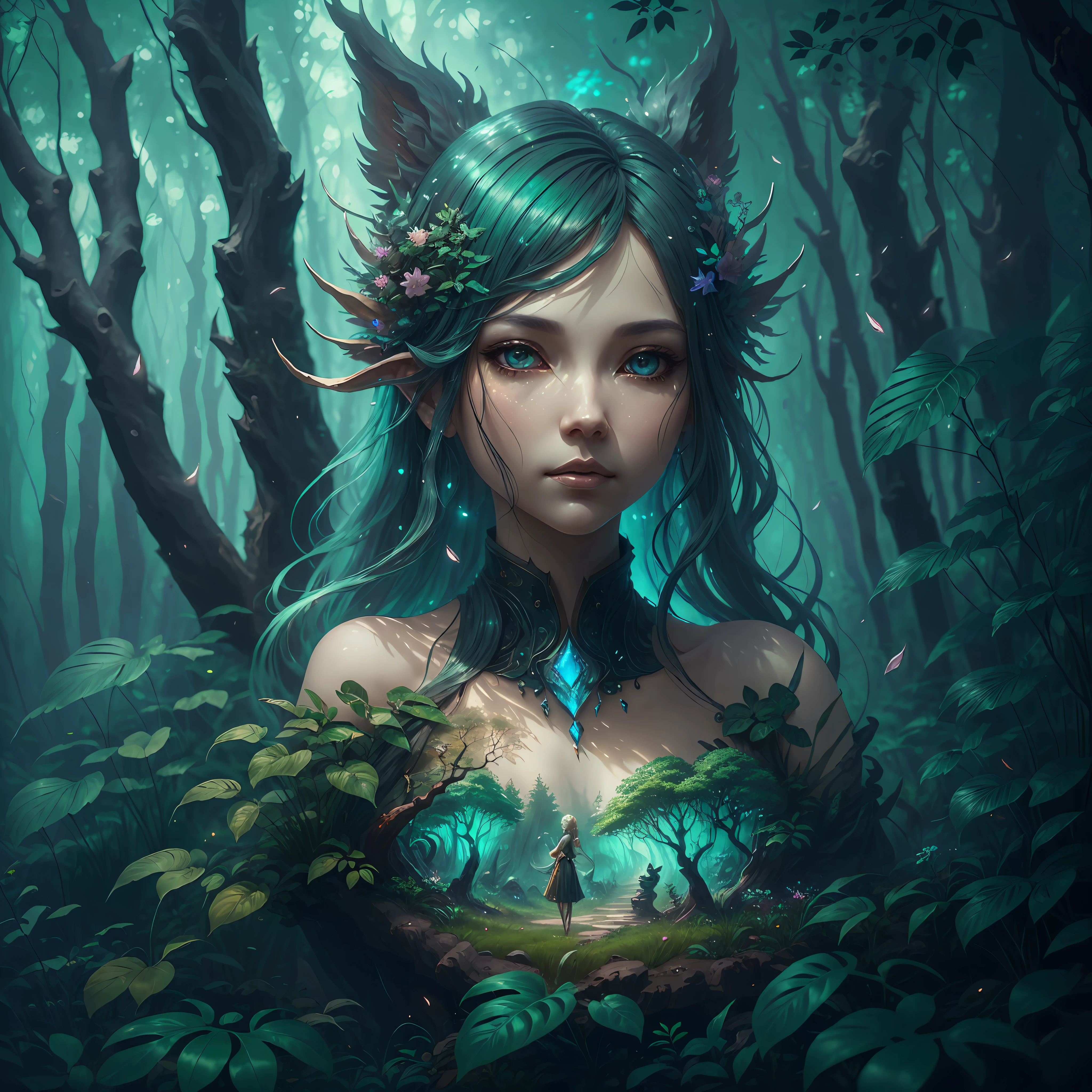 generate a petite female forest spirit ((created in the style of Ruan Jia artstation)). The woman should have a beautifully detailed face and eyes with realistic shading. She should be in an enchanting, whimsical, and lush vegetation (created in the style of Hayao Miyazaki). include ethereal glow, mystical creatures, vibrant colors, dreamlike atmosphere, realism. wideshot showing landscape. include phantasmal iridescence and fantasy details