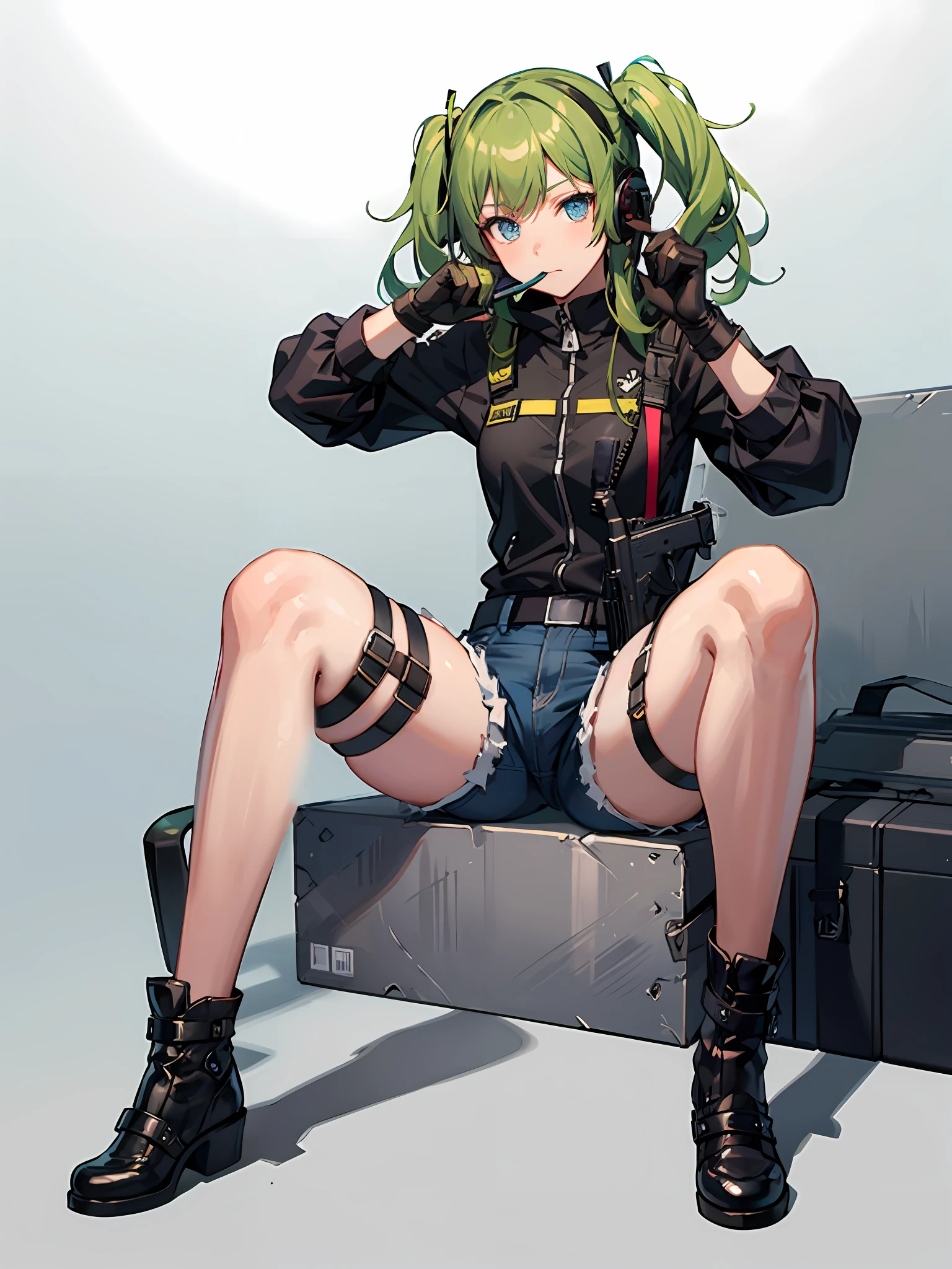 ((best quality)), ((masterpiece)), ((high res)), 1girl, assault rifle, blue eyes, full body, gloves, green hair, gun, handgun, headset, heckler & koch, using and aiming gun, holding weapon, holster, kochiy sanae, ak-47, pistol, rifle, solo, suppressor, thigh holster, thigh strap, trigger discipline, weapon, glasses, twintails, medium hair, shorts