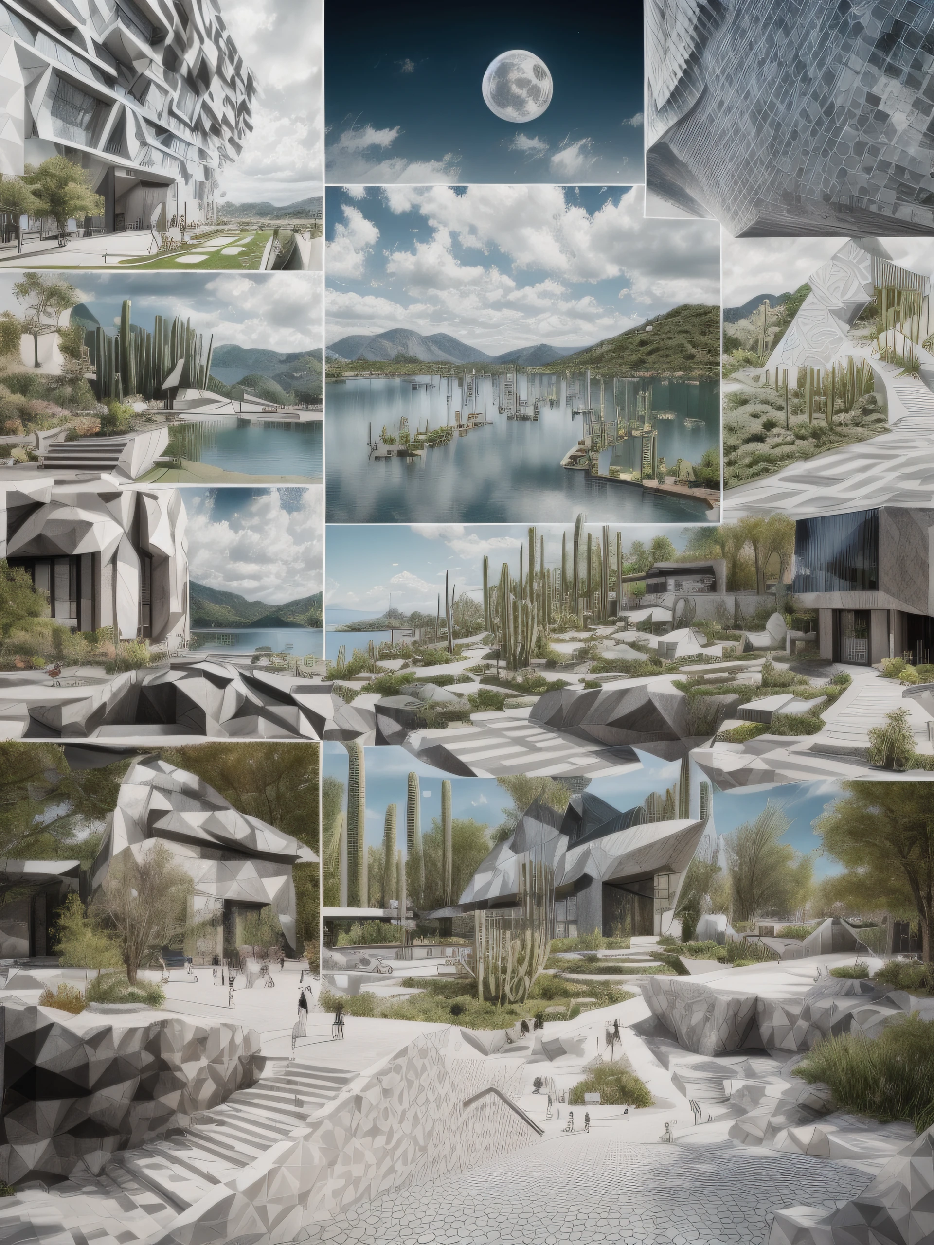 An illustration, ((collage style)), (((multiple Bjarke Ingels's style buildings))), (((Marie-Laure Cruschi's art style))), (sections), ((Desaturated colors)), Cbig boulders), ((lake)), cacti, (smooth clouds), a bridge, stairs, the moon, big buildings, abundant vegetation, bushes, (((geometric sculptures))) hard shadows,