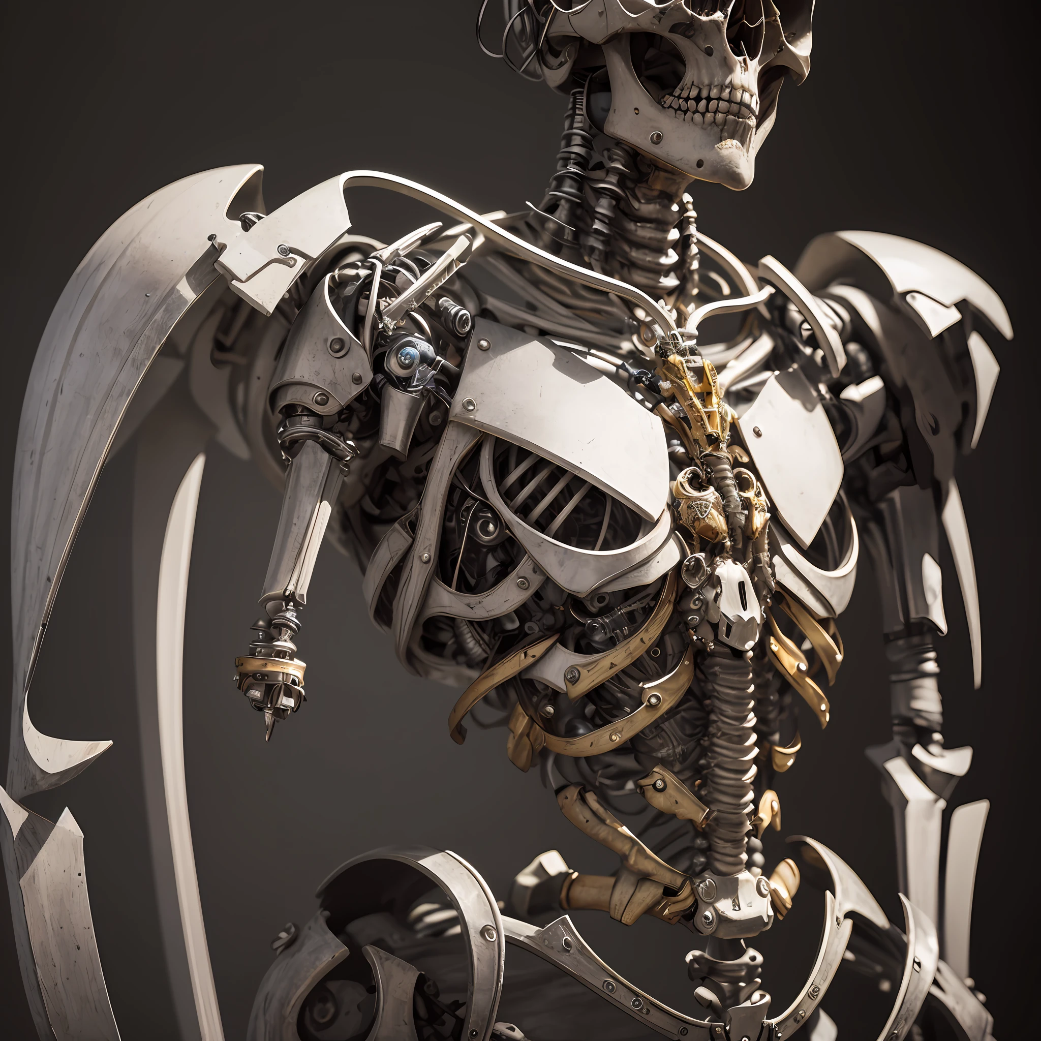 Cute skeleton, The whole body is made of metal, (A cyborg:1.1), ([tail | Detailed wire]:1.3), (intricate detail), HDR, (intricate detail, hyper detail:1.2), Cinematic Frame, vignette, in the center, “Hyper-realistic textures," "Exact Details,” “Realistic still life,” “Realistic portraits,” “Realistic landscapes."
