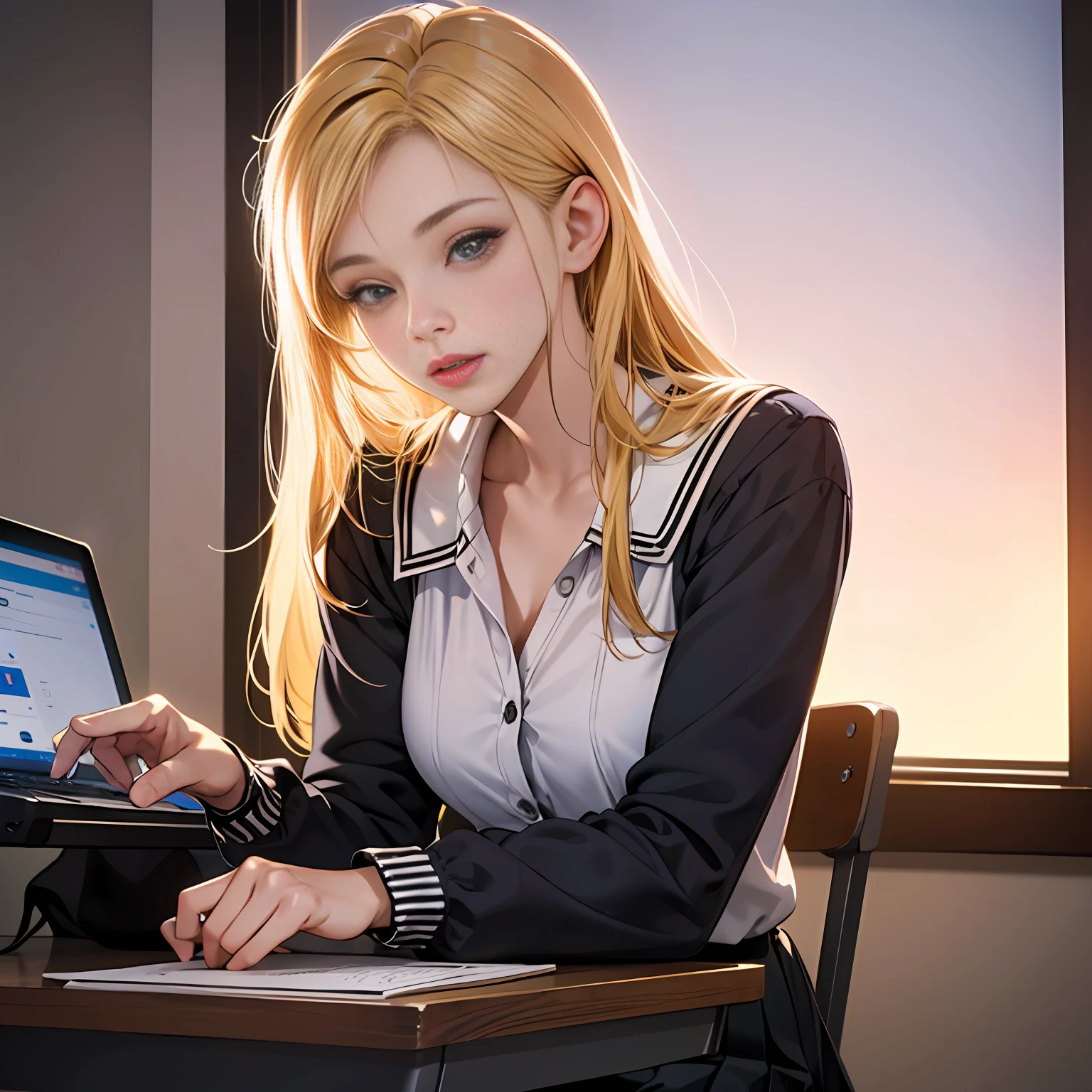 there is a woman with blonde hair and gray eyes, European German 25YO, sitting at a table with a laptop, photorealistic anime girl render, realistic anime 3 d style, cinematic bust shot, render of a cute 3d anime girl, render of April, anime CGI style, a hyperrealistic schoolgirl with Neckline, cinematic close-up bust shot, a hyperrealistic schoolgirl, semi-realistic render, realistic schoolgirl. --auto