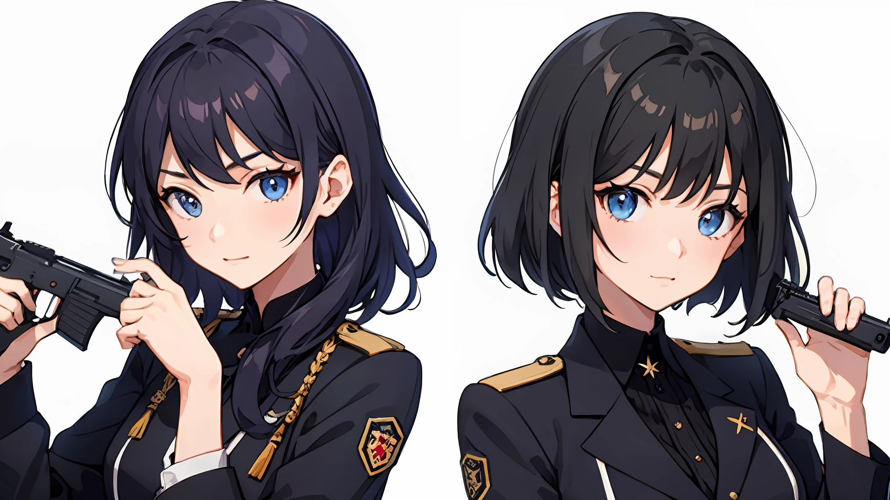 2girl simple background、And {{Master peace}}, short wavy hair, navy hair, black cat ear, Blue eyes,uniform、With a gun、discord、And {{Master peace}}, {{{maximum quality}}}, {{ultra- detailed}}, {{illustration}}, short hair,Purple eyes,Black hair,uniform、With a gun、discord、battle field、