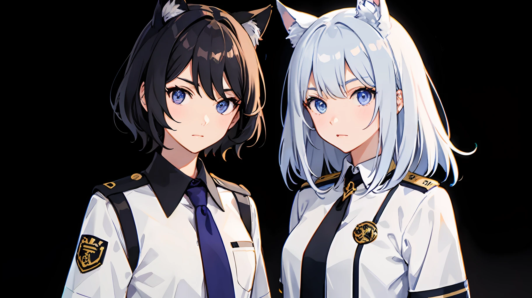 2girl simple background、And {{Master peace}}, short wavy hair, navy hair, black cat ear, Blue eyes,uniform、With a gun、discord、And {{Master peace}}, {{{maximum quality}}}, {{ultra- detailed}}, {{illustration}}, short hair,Purple eyes,Black hair,uniform、With a gun、discord、battle field、