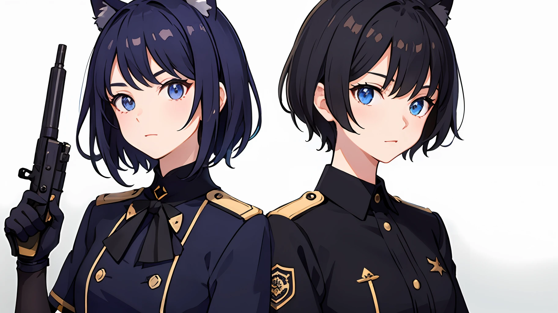 2girl simple background、And {{Master peace}}, short wavy hair, navy hair, black cat ear, Blue eyes,uniform、With a gun、discord、And {{Master peace}}, {{{maximum quality}}}, {{ultra- detailed}}, {{illustration}}, short hair,Purple eyes,Black hair,uniform、With a gun、discord、battle field、