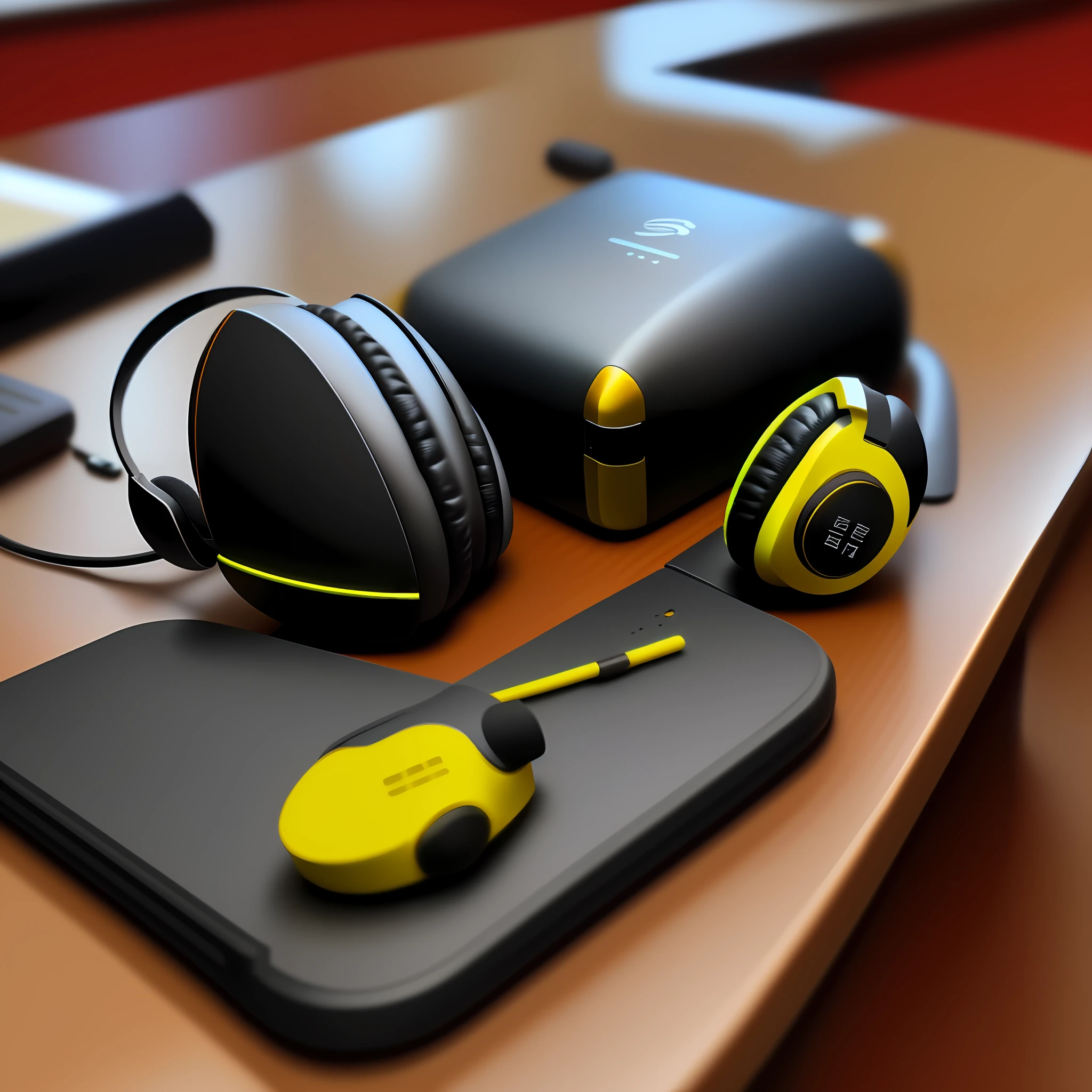 There is only one wireless headset on the table，A little decoration on the table，Give this headset a close-up，Overall bright style。