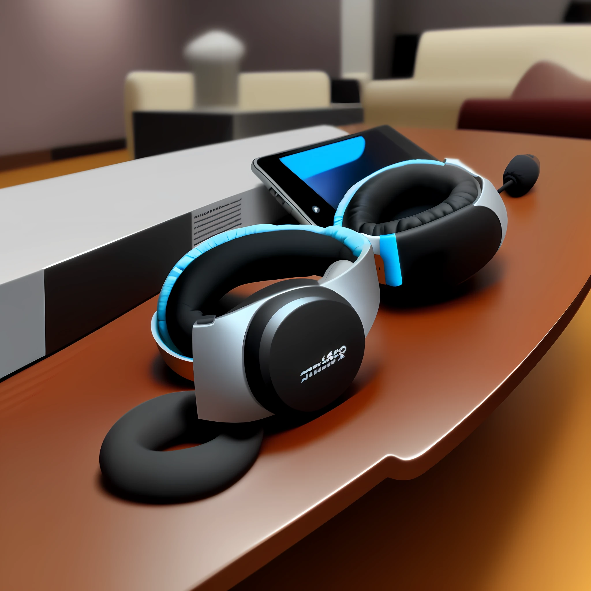 There is only one wireless headset on the table，A little decoration on the table，Give this headset a close-up，Overall bright style。