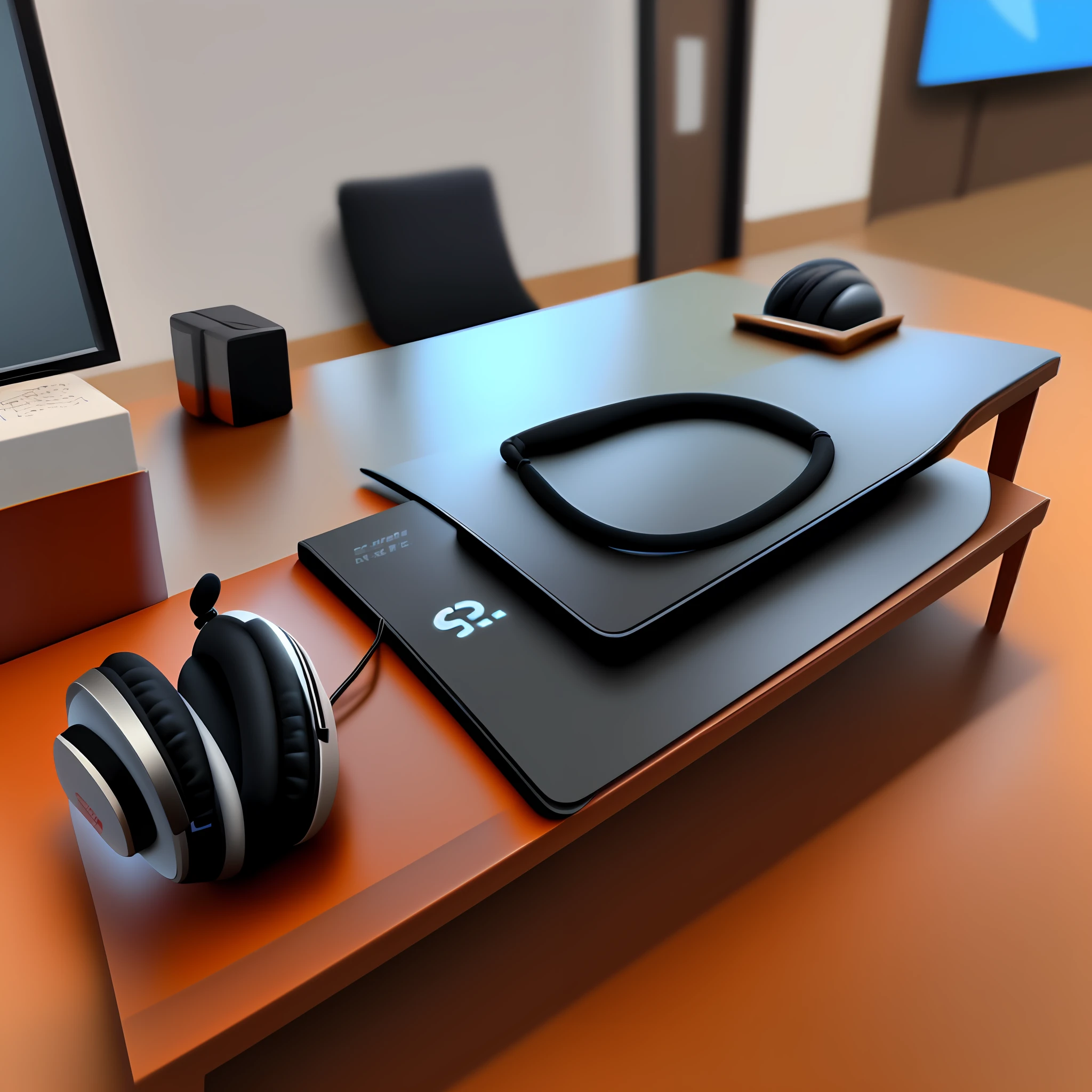 There is only one wireless headset on the table,A little decoration on the table,Give this headset a close-up,Overall bright style。