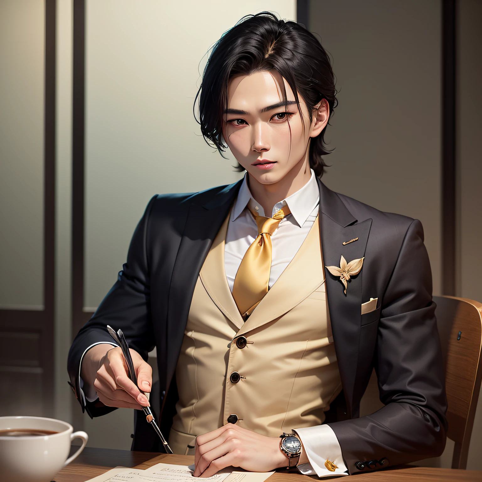 Li Yu's  features are delicate and handsome。He has deep and bright eyes，The look in his eyes reveals intelligence and determination。He has a slender and straight nose，It gives a feeling of nobility and elegance。His lips are slender and plump，Slightly upturned，It gives the impression of perseverance and confidence。

His slightly sunken cheeks make up his charming face。His chin is slightly resolute，Reveals his strong and decisive character。His well-groomed black hair，Neat and shiny，Sometimes fluttering slightly，It gives a feeling of elegance。

Li Yu's dress is full of taste and details。He usually wears a delicate and well-fitting suit，It shows his attention to detail and admiration。His tie is carefully chosen，Goes well with his outfit，Showcasing his unique vision of matching。

Overall，Li Yu is a charming and resolute man。His appearance shows his confidence and determination，Attract the attention of those around you。His image gives a sense of intimacy and trust，Make him an unforgettable male protagonist in the story。 --auto