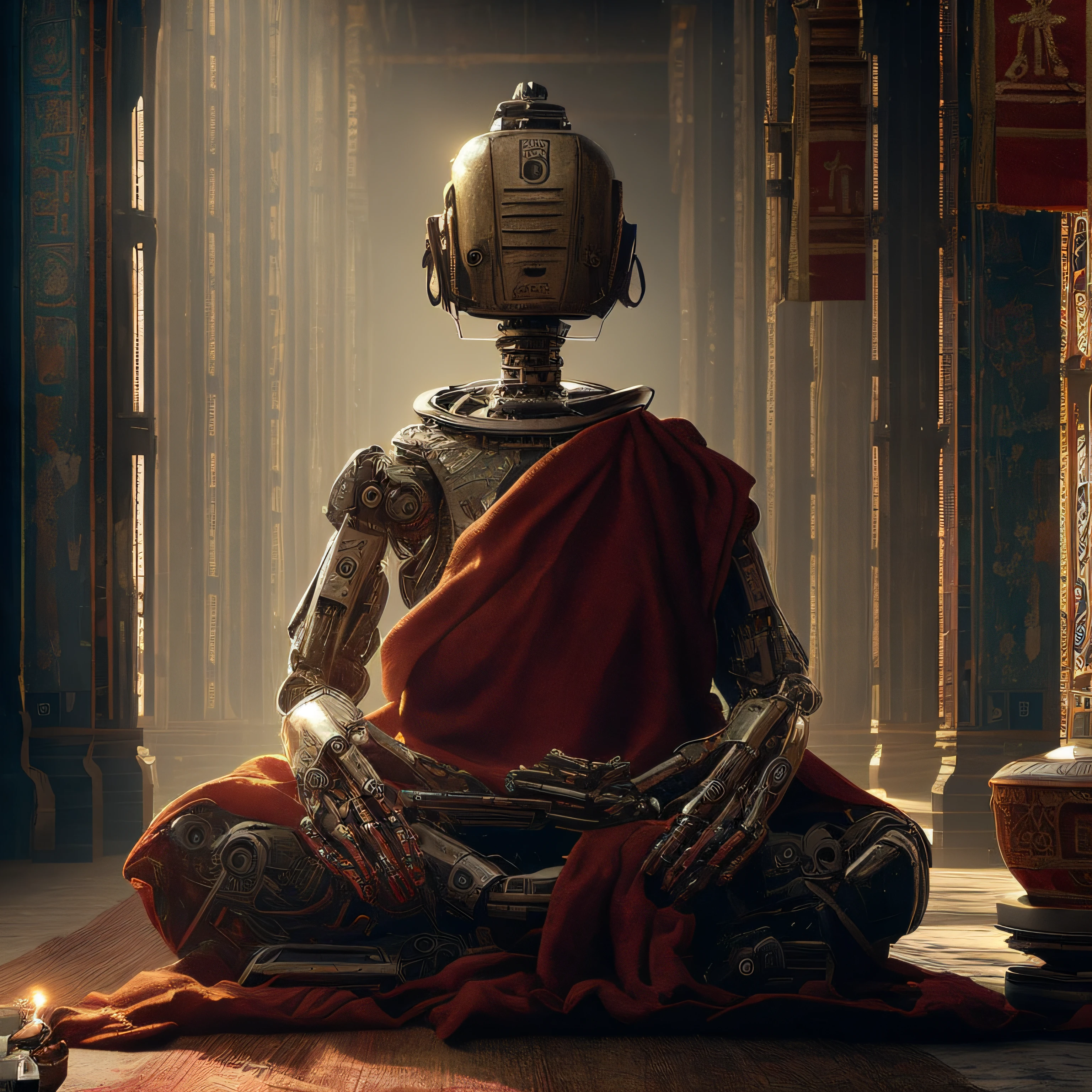 arafed robot sitting in a meditation position with a red blanket, Zen Cyberpunk Meditation, um ciborgue meditando, robot religion, artificial intelligence god, very cute robot zen, artificial intelligence gods, deus rei da arte ai, Corpo de Deus Hindu Ciborgue, Wojtek FUS, CGSetivity 8K, CGSetivity 8K, CGSetalidade 8K