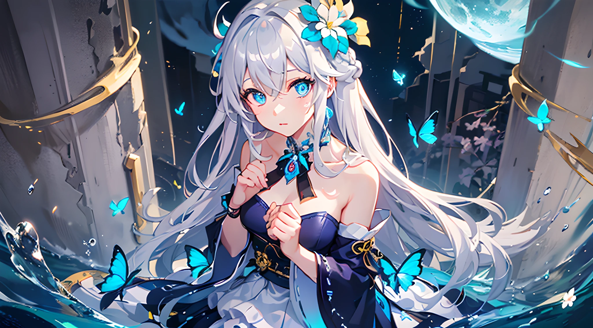 (Overhead view),dynamic angle,ultra-detailed, illustration, close-up, straight on, 1girl, (fantasy:1.4), (azure blue eyes:1.233),Her eyes shone like dreamy stars,(glowing eyes:1.233),(beautiful and detailed eyes:1.1),(Silver hair:1.14),(messy hair,very long hair,french braid,hair between eyes,sidelocks), (+(bule hair flower:1.14)),(chiffon dress,bule flower pattern in uniform)/=(military uniform:1.24),(detached sleeves,wide sleeves),(fingerless gloves),choker,(miko thighhighs),High heeled boots,(expressionless,closed mouth),(standing), (classical Princess boudoir with dressing tableand french windowin a white ancient palaces),(white flowers,bloom),(abysmal sea),(flowing water),(a dull blue world tree:1.14),(ruins),(night:1.2),dreamy,soul,(fluorescence),(flying translucent blue butterflies:1.15), [[delicate fingers and hands:0.55]::0.85],(detail fingers),(yubao:0.5),
