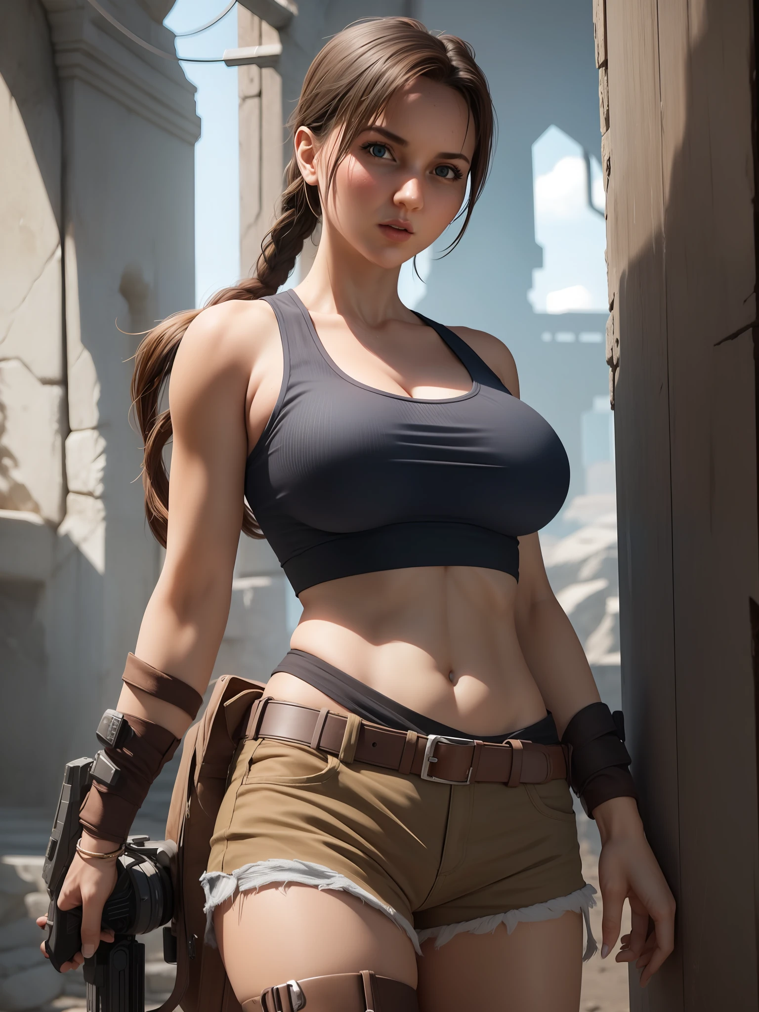 (random result), (RAW style, masterpiece, best quality, hyperrealistic, highres, unreal engine,) lara croft, large breast, blue tank top, brown shorts, cowboy shot