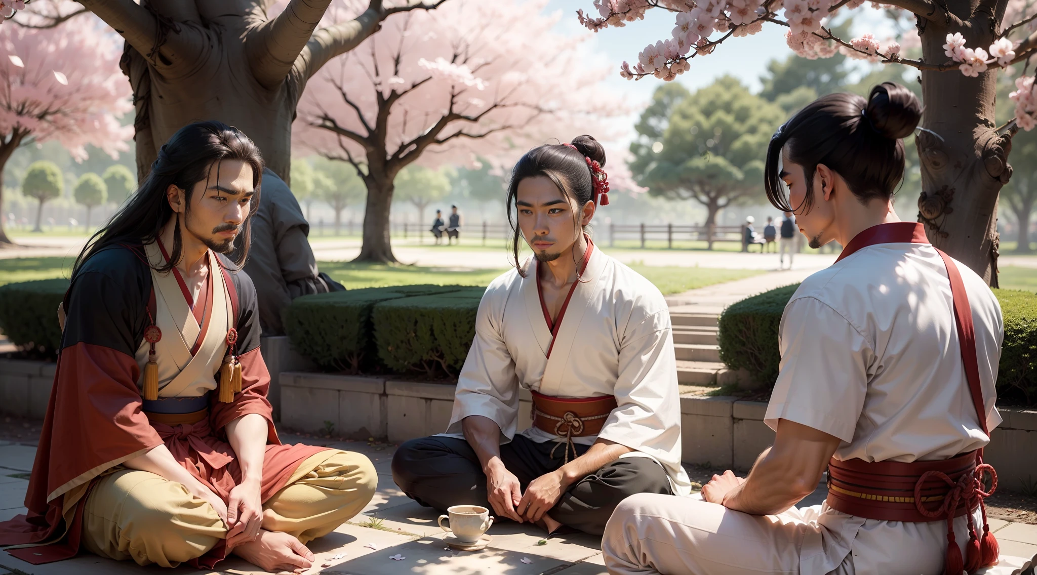 tres homens meditando em um jardim tranquilo, in the shade of a cherry blossom, roupas estilo samurai oriental, Mestrado no centro, villager on the right and villager on the left;