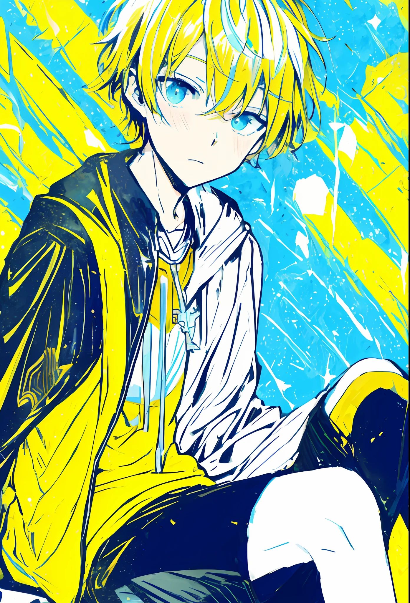 anime boy sitting on a skateboard with a yellow background, some yellow and blue, in blue and yellow clothes, yellow and blue, yellow and blue and cyan, kagamine rin, anime boy, orange - haired anime boy, blue and yellow, key anime art, kentaro miura manga art style, handsome guy in demon slayer art, anime style illustration