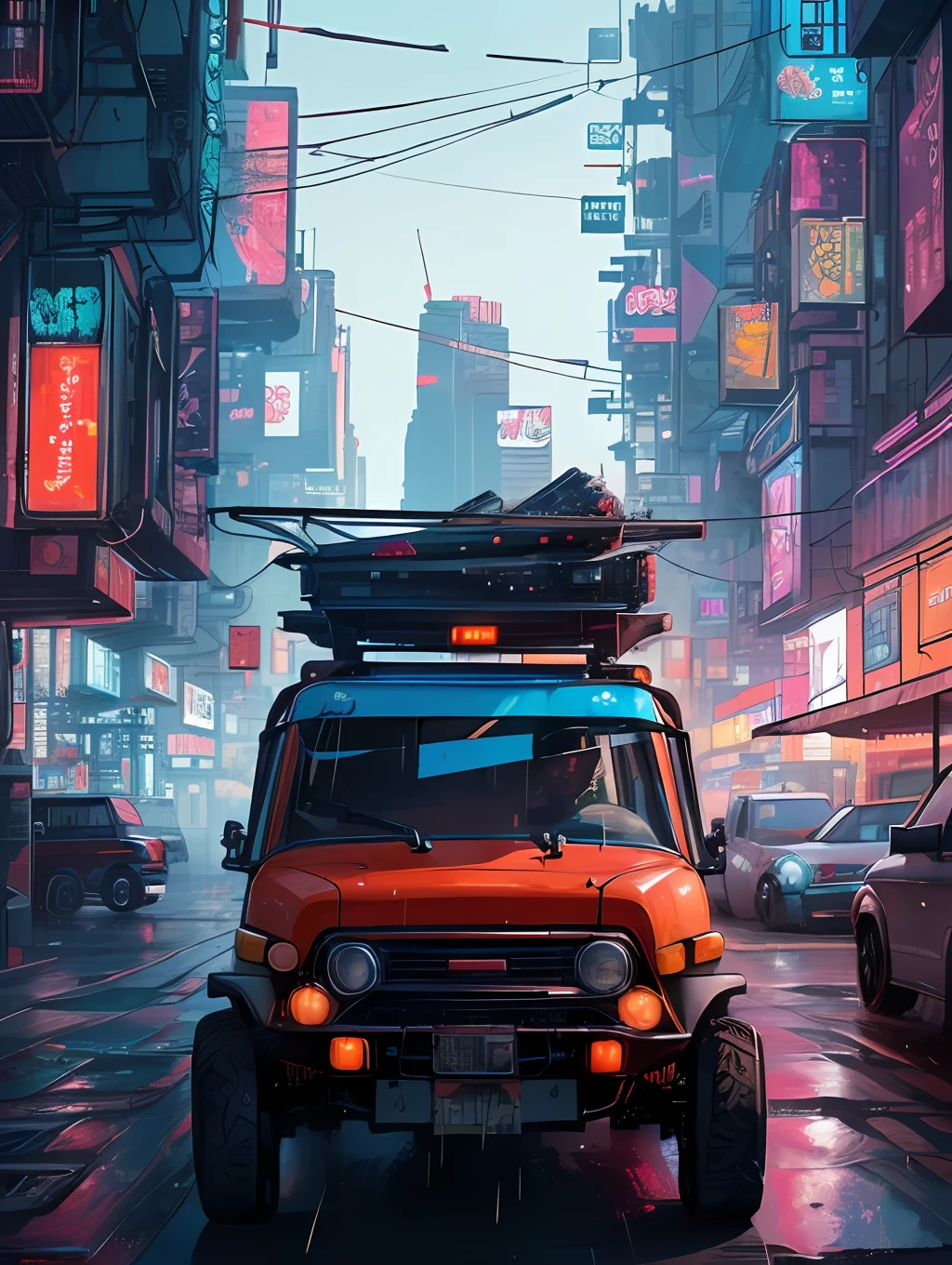 (late at night raining:1.3), (detailed beautiful skin textures, detailed beautiful face, ultra detailed clothing textures), , (Cyberpunk:1.4), , (an ultra detailed (cyberpunk custumed:1.5) and 4-doors (colorful small utility vehicle:1.5) with (loads on roof racks:1.3) and (cargo on the back:1.3) and letter-tyres:1.3), , (3/4 front view, The car is in the center of the frame), , (at a parking area, an ultra detailed Night City of Cyberpunk), (All cars are cyberpunk cars:1.2), , (softlighting), , (masterpiece, best quality:1.4, 8k, ultra detailed, illustration, distinct_image, intricate_details, delicate illustration), (realistic:0.15),