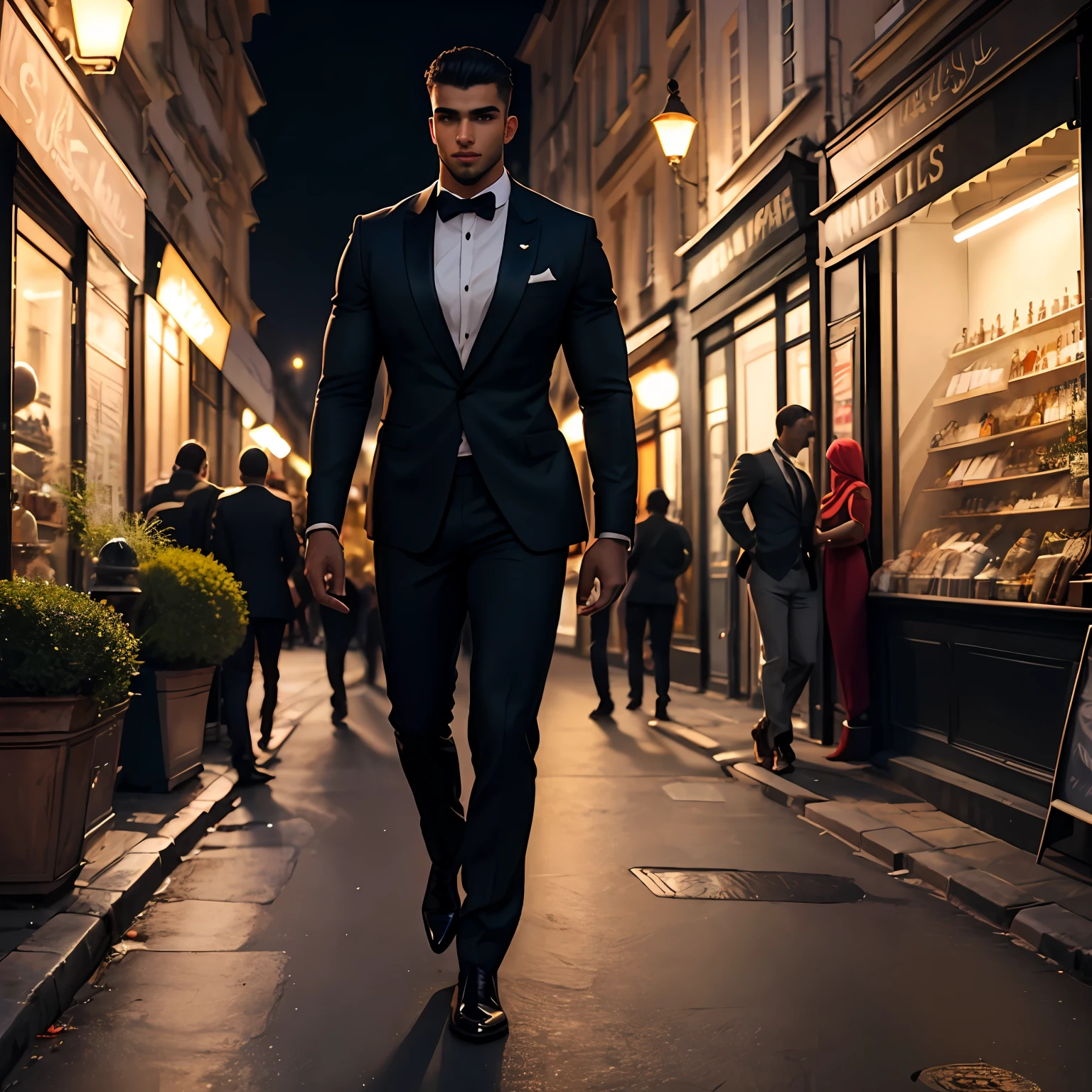full body view of a A 19 year old middle eastern ethnicity muscular supermodel bodybuilder male dressed in a tight tuxedo, walking in Le Marais, Paris at night, dimly lit gaslights, people smoking cigarettes --auto