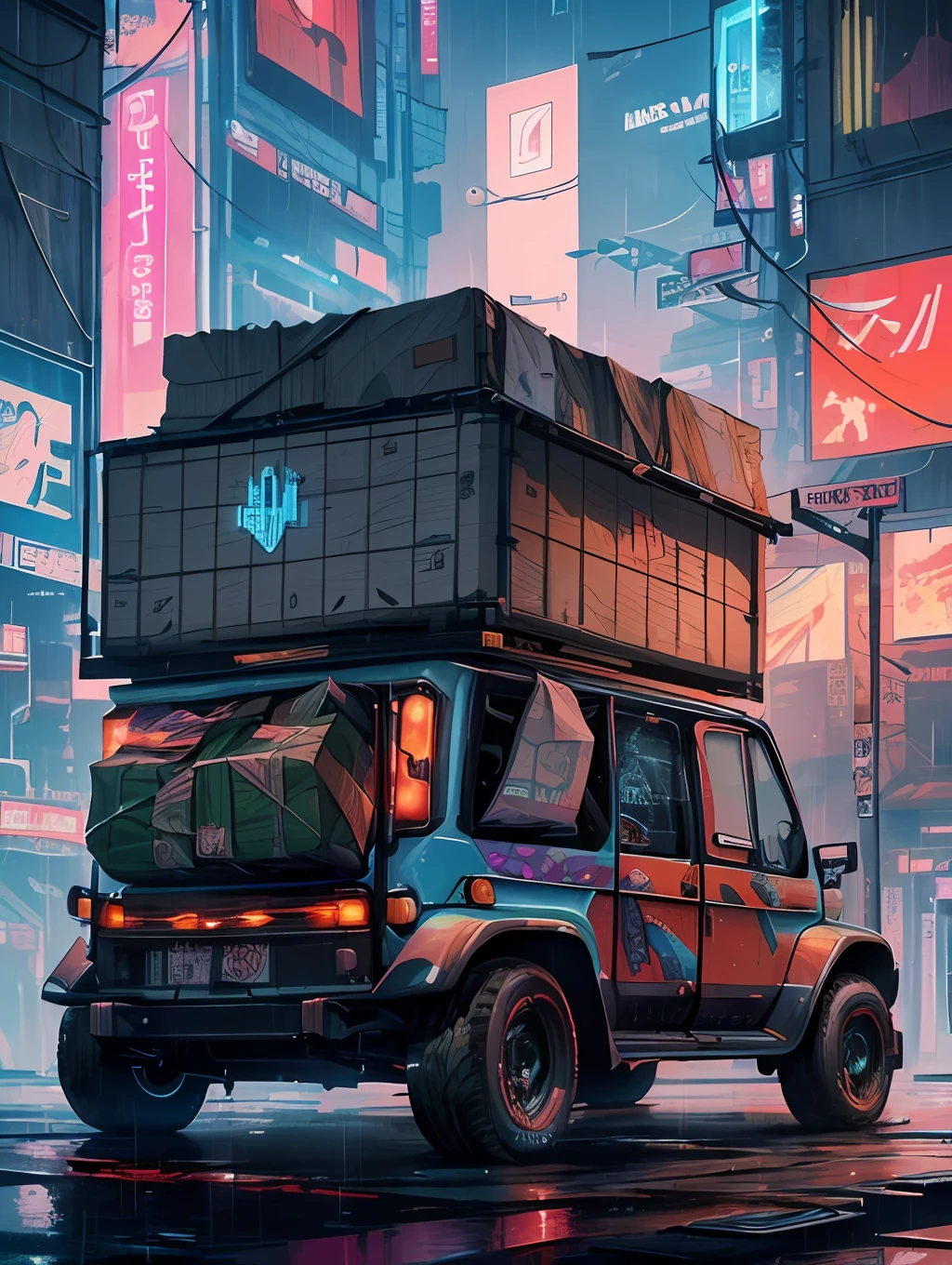 (late at night raining:1.3), (detailed beautiful skin textures, detailed beautiful face, ultra detailed clothing textures), , (Cyberpunk:1.4), , (an ultra detailed (cyberpunk custumed:1.5) and 4-doors (colorful small utility vehicle:1.5) with (loads on roof racks:1.3) and (cargo on the back:1.3) and letter-tyres:1.3), , (3/4 front view, The car is in the center of the frame), , (at a parking area, an ultra detailed Night City of Cyberpunk), (All cars are cyberpunk cars:1.2), , (softlighting), , (masterpiece, best quality:1.4, 8k, ultra detailed, illustration, distinct_image, intricate_details, delicate illustration), (realistic:0.15),
