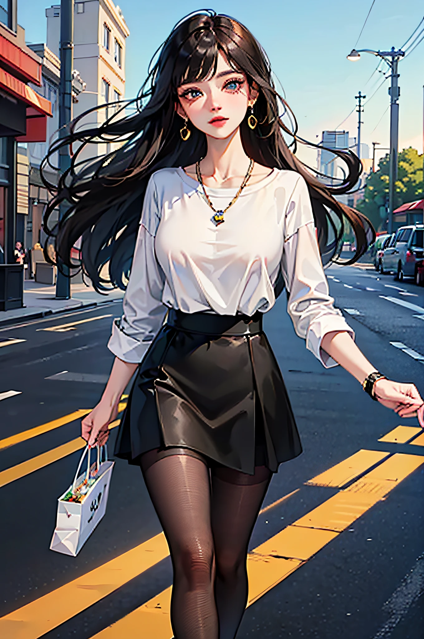 (best qualit,8K,A Masterpiece),(A pretty maiden,with long black hair,Long messy hair,curly hair,large eye:1.3,Long eyelashes,Delicate makeup:1.4,Sexy lips,Blushlush),(Exquisite watches,Reflective necklace,Bulgari's earrings,Bulgari's ring),(Take a walk in the streets,Capture,Street photography),(Fashionable outfits,dressed in a white t shirt,nike),(Middle breast,endure),(Black oily transparent pantyhose),(Black hip skirt),Light ripe,Royal sister,Optimal light,best shadow,Cinematic Lights,28 years old,1girle,Need,(realskin,Supple skin)raytracing,Unreal Engine 5,Reflective skin,Digital illustration,Game CG characters,Supermodel,(kpop,idol),(Body edge lighting,Colored light sources are around),There is wind blowing hair,Looking into the distance,
