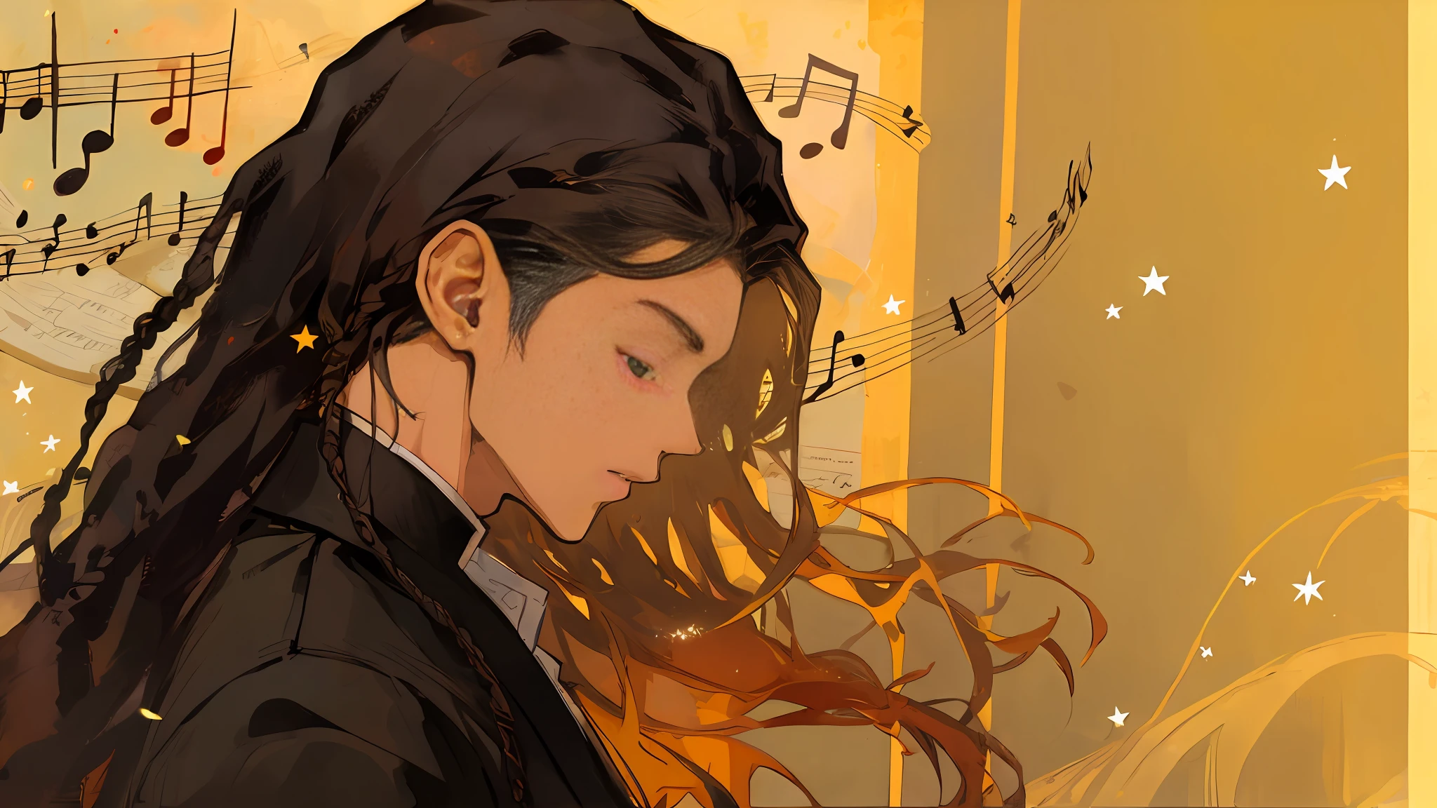 Masterpiece, there is an older black man with long black dreadlocks praying, music notes on the background, stars are shining, music, music sheets