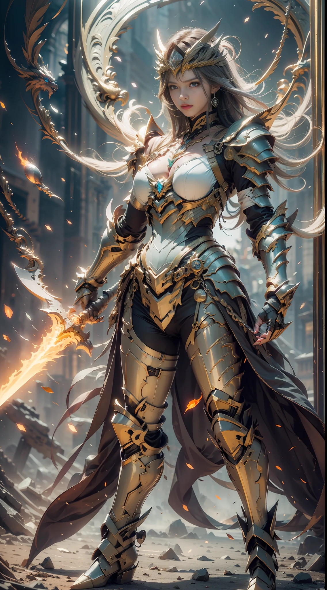 (Masterpiece, Top quality, Best quality, offical arts, Beautiful and aesthetic:1.2),(8K, Best quality, Masterpiece:1.2),CGDivine Sword SW, weapon, Sword, armor, holding, holding weapon, holding sword, solo, helmet, 1gril, Full armor, Shoulder armor, Standing, pauldrons, glowing, embers, female focus, gauntlets, fire, breast nail, flaming weapon, glowing weapon, flaming sword, Knight, Full body, yellow glow, orange grow,