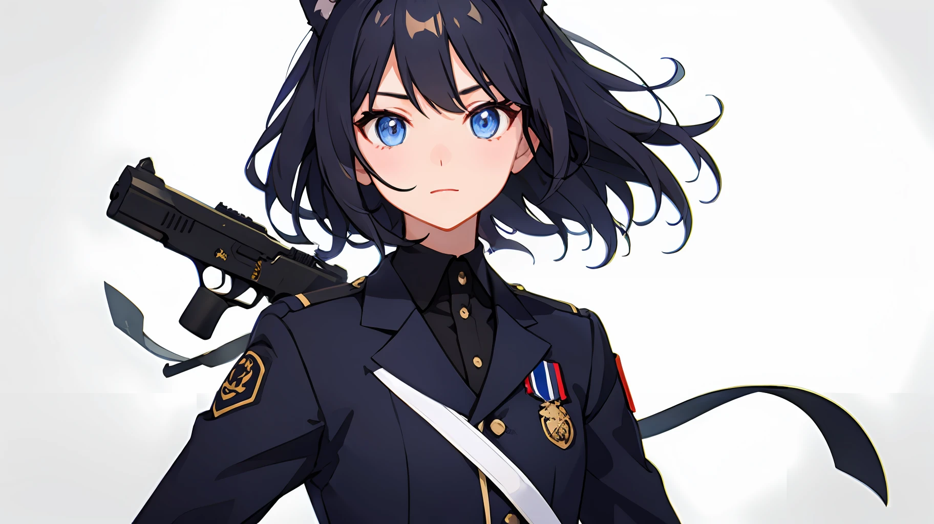2girl simple background、And {{Master peace}}, short wavy hair, navy hair, black cat ear, Blue eyes,uniform、With a gun、discord、And {{Master peace}}, {{{maximum quality}}}, {{ultra- detailed}}, {{illustration}}, short hair,Purple eyes,Black hair,uniform、With a gun、discord、Background Battlefield、