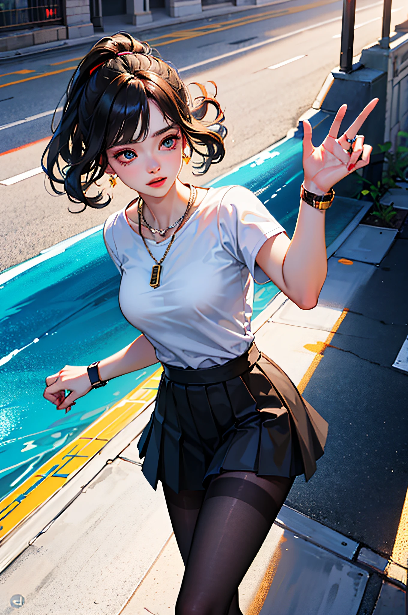 (best qualit,8K,A Masterpiece),(A pretty maiden,with long black hair,Long messy hair,curly hair,large eye:1.3,Long eyelashes,Delicate makeup:1.4,Sexy lips,Blushlush),(Exquisite watches,Reflective necklace,Bulgari's earrings,Bulgari's ring),(Take a walk in the streets,Capture,Street photography),(Fashionable outfits,dressed in a white t shirt,nike),(Middle breast,endure),(Black oily transparent pantyhose),(Black hip skirt),Light ripe,Royal sister,Optimal light,best shadow,Cinematic Lights,28 years old,1girle,Need,(realskin,Supple skin)raytracing,Unreal Engine 5,Reflective skin,Digital illustration,Game CG characters,Supermodel,(kpop,idol),(Body edge lighting,Colored light sources are around),There is wind blowing hair,Looking into the distance,