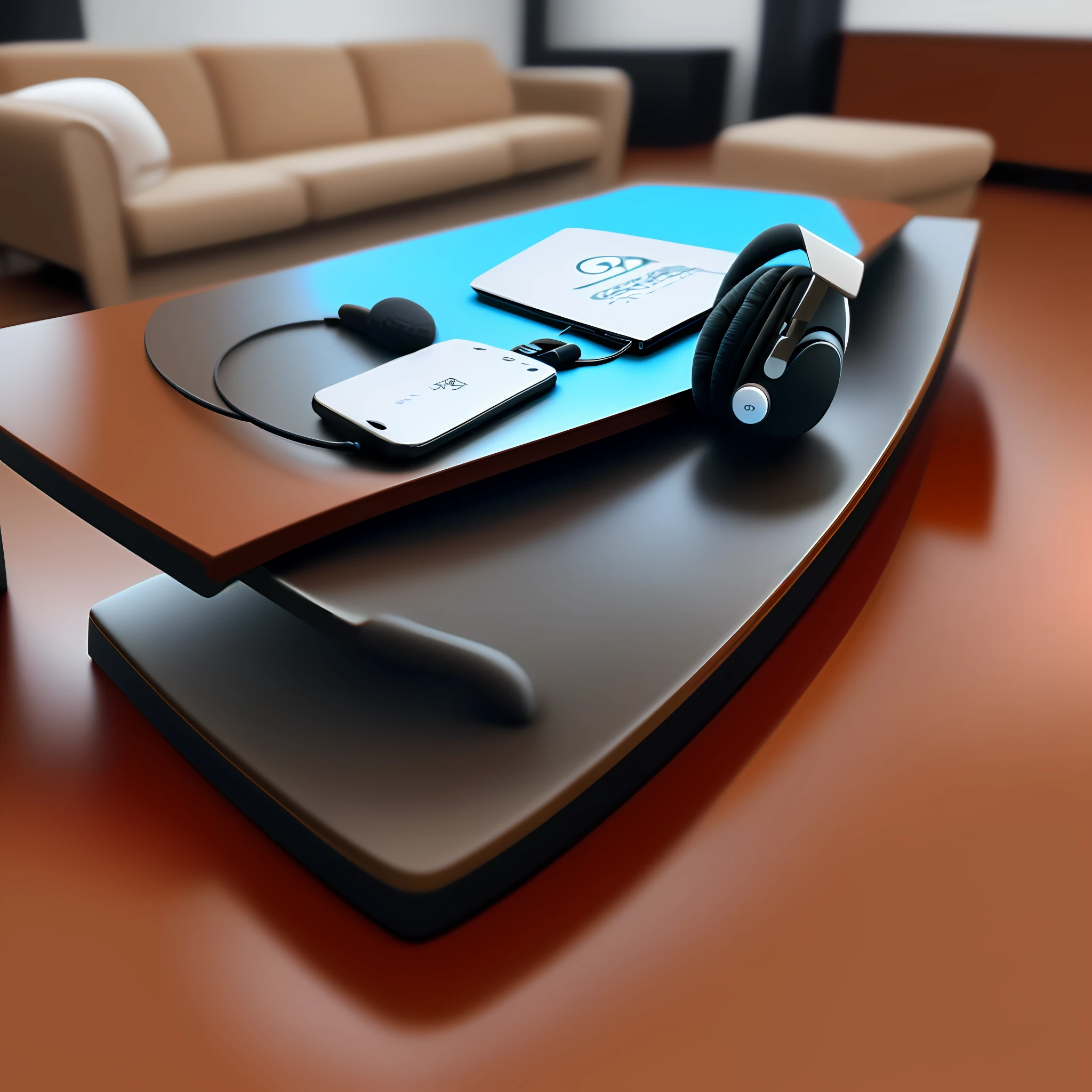 There is only one wireless headset on the table,A little decoration on the table,Give this headset a close-up,Overall bright style。